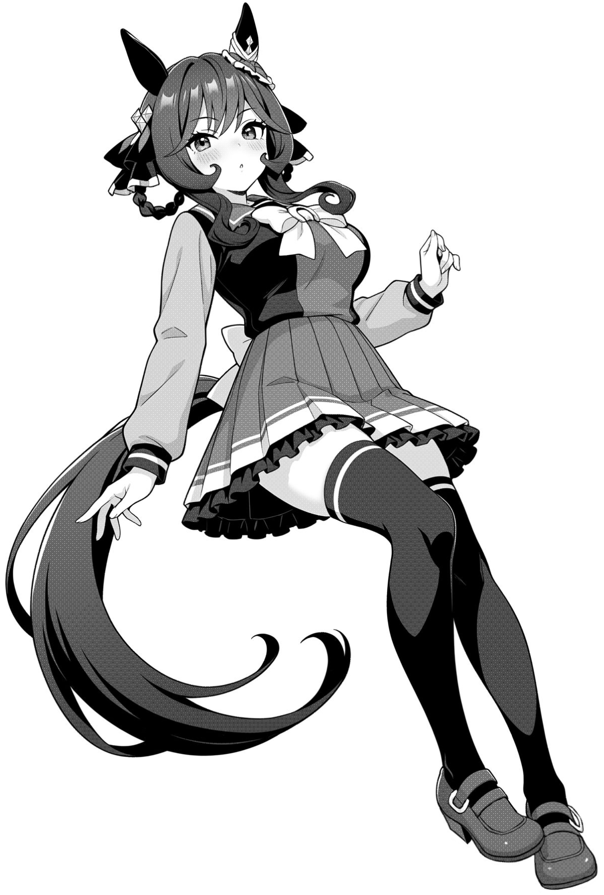 akagi koku, gentildonna (umamusume), umamusume, highres, 1girl, animal ears, blush, bow, braid, braided hair rings, ear covers, greyscale, hair ribbon, hair rings, high-waist skirt, horse ears, horse girl, horse tail, long hair, long sleeves, looking at viewer, miniskirt, monochrome, parted lips, pleated skirt, ribbon, sailor collar, school uniform, shirt, shoes, sidelocks, skirt, solo, tail, thighhighs, tracen school uniform