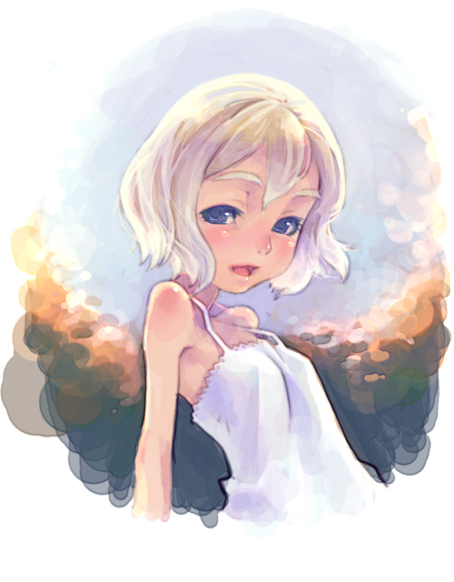 weno, weno's blonde original character, original, 1girl, blonde hair, camisole, female focus, nature, outdoors, plant, sky, solo