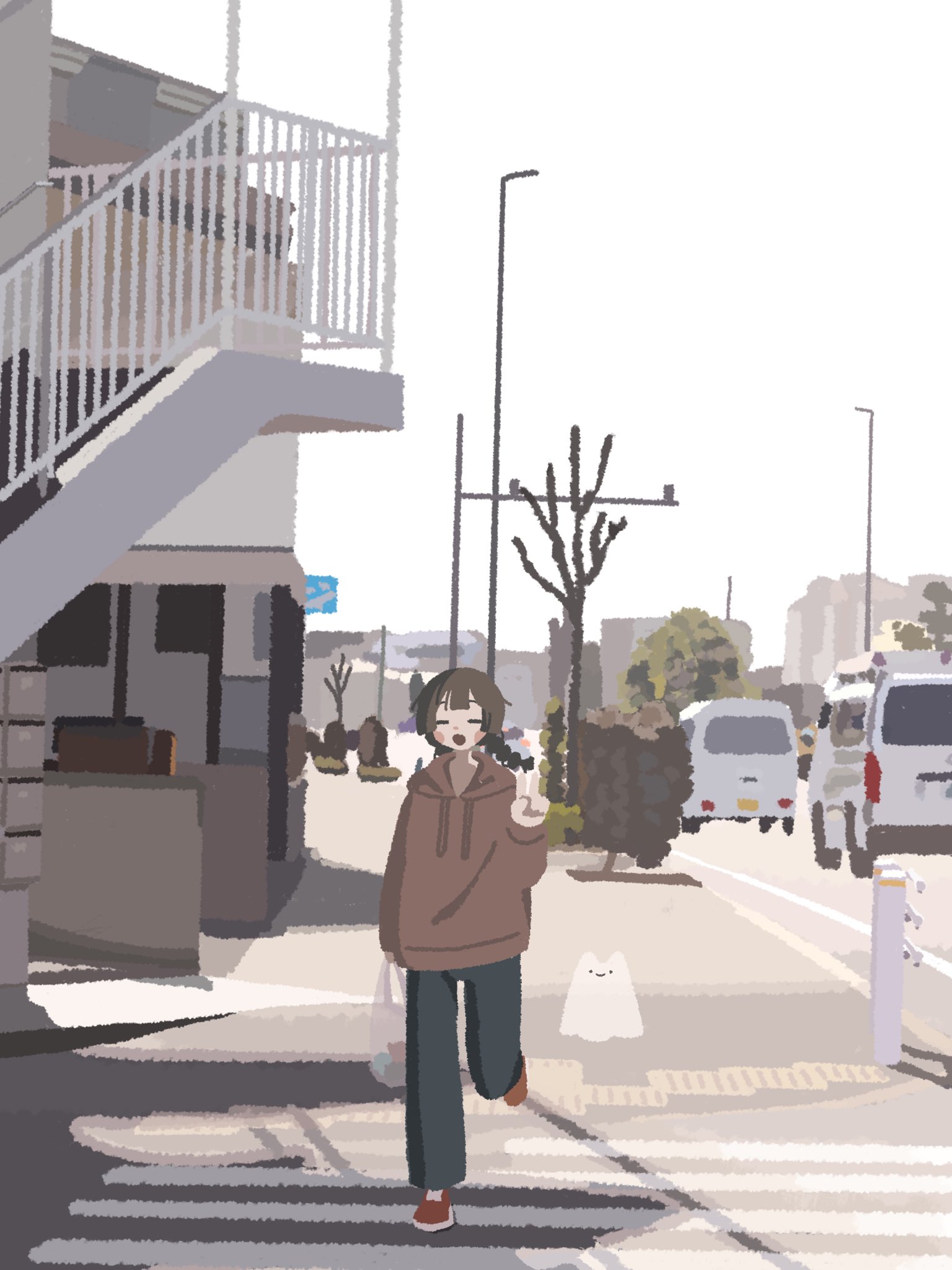 kyora san, original, highres, 1girl, bag, bare tree, blush stickers, braid, bush, car, closed eyes, crosswalk, drawstring, ghost, holding, holding bag, hood, hood down, hoodie, lamppost, motor vehicle, no lineart, open mouth, outdoors, pants, plastic bag, red hoodie, shoes, solo, tactile paving, tree, twin braids, v, walking