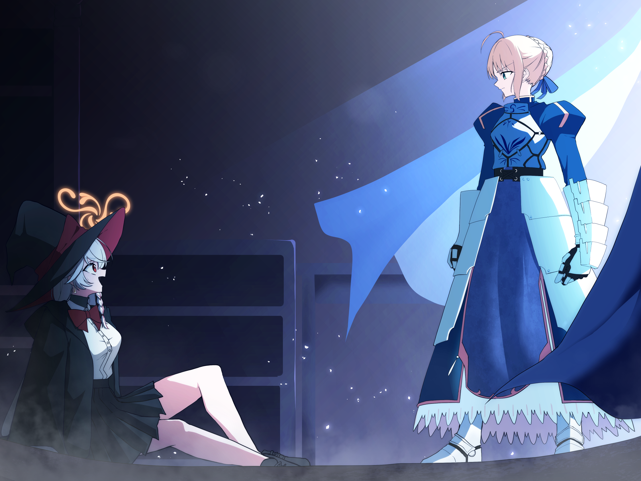 amtkmituki, artoria pendragon (fate), eri (blue archive), saber (fate), blue archive, fate/stay night, fate (series), commentary request, highres, 2girls, ahoge, are you my master, armor, armored boots, armored dress, armored gloves, bare legs, black hat, black jacket, black skirt, black undershirt, blonde hair, blue dress, boots, bow, bowtie, braid, braided bun, breasts, crossover, curtains, dress, earrings, facing another, green eyes, hair bun, halo, hat, indoors, jacket, jewelry, light particles, medium breasts, multiple girls, nervous smile, pleated skirt, profile, red bow, red bowtie, red eyes, scene reference, school uniform, shirt, shirt tucked in, sidelighting, sidelocks, single braid, single hair bun, sitting, skirt, smile, sweatdrop, triangle earrings, white shirt, witch hat