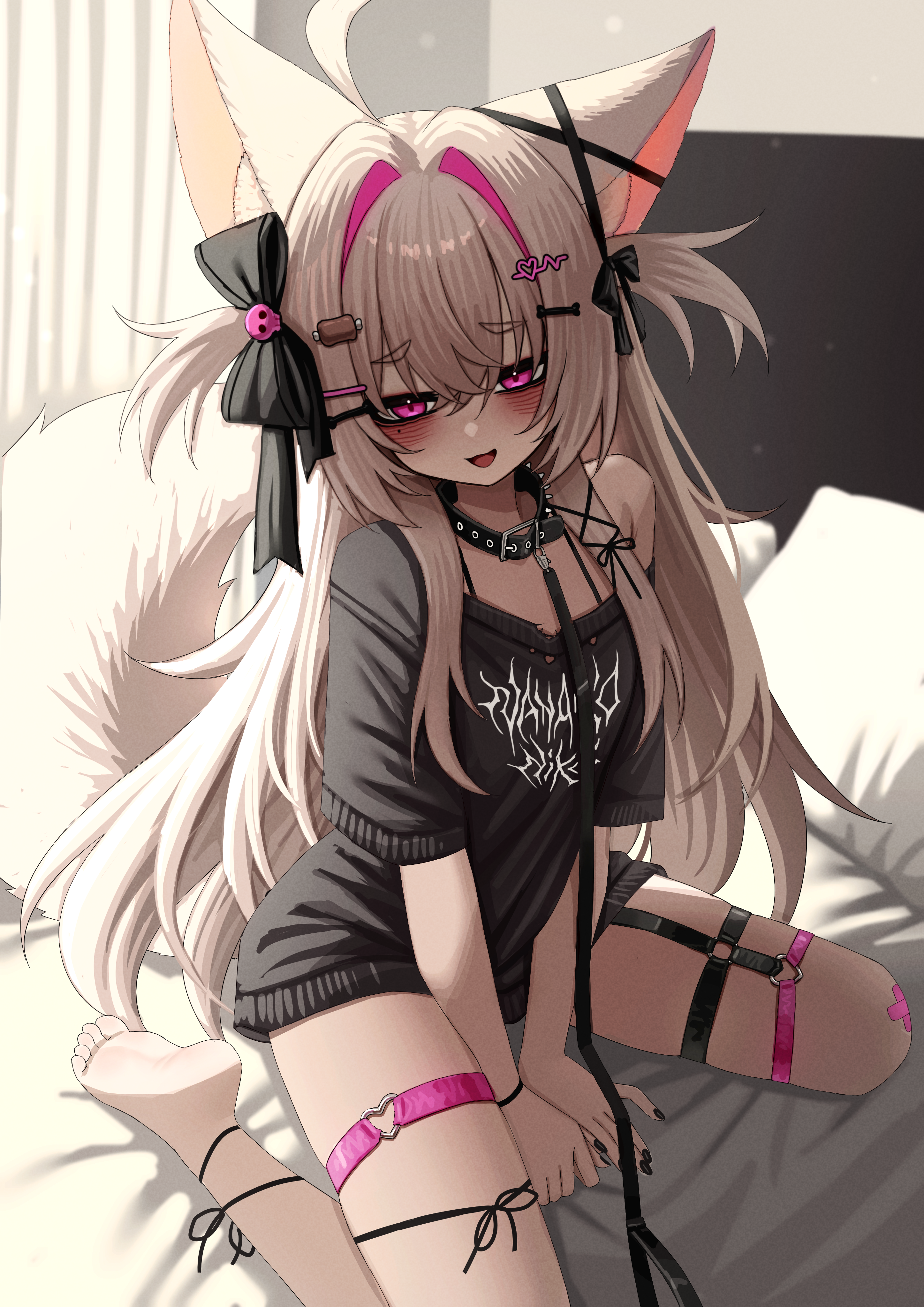 lobsteranian, stellarversepro, absurdres, highres, 1girl, animal ears, barefoot, breasts, collar, hair ornament, leash, long hair, nanako niku, shirt, sitting, small breasts, tail, wariza