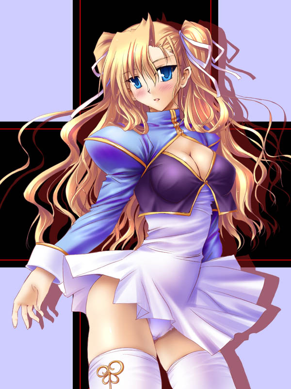 pin.x, lidia (ouzoku), lydia (ouzoku), ouzoku, 1girl, blonde hair, blue eyes, blush, breasts, cleavage, cleavage cutout, clothing cutout, female focus, hair ribbon, large breasts, long hair, panties, pantyshot, ribbon, solo, thighhighs, twintails, underwear, wind, wind lift, zettai ryouiki