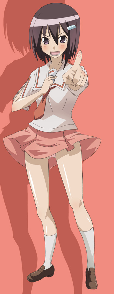 paopa ship, zenigata mawari, seto no hanayome, 00s, 1girl, :d, female focus, full body, hair between eyes, hair ornament, hairclip, kneehighs, loafers, looking at viewer, open mouth, outstretched arm, shirt, shoes, short hair, silhouette, smile, socks, solo, standing, white shirt, white socks