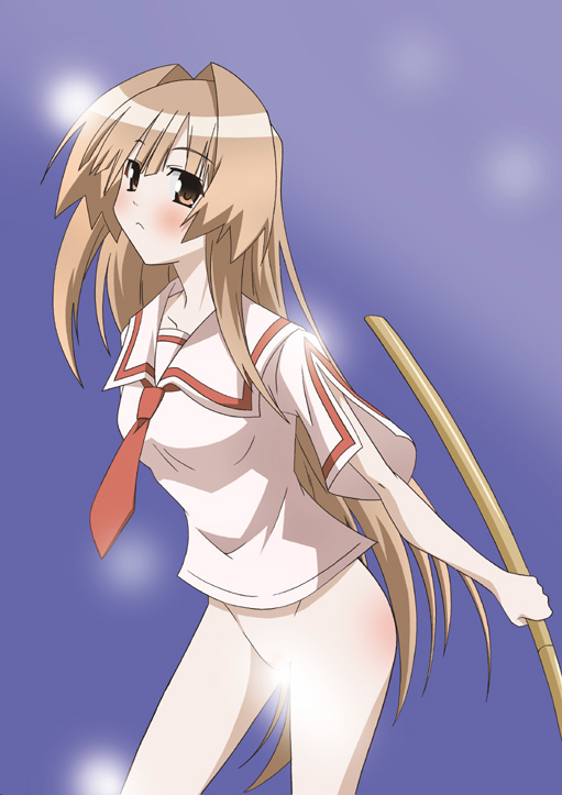 paopa ship, seto sun, seto no hanayome, 00s, 1girl, blonde hair, blush, bottomless, brown eyes, censored, contrapposto, convenient censoring, female focus, groin, hair intakes, holding, leaning forward, long hair, looking at viewer, sailor collar, school uniform, serafuku, solo, standing, very long hair