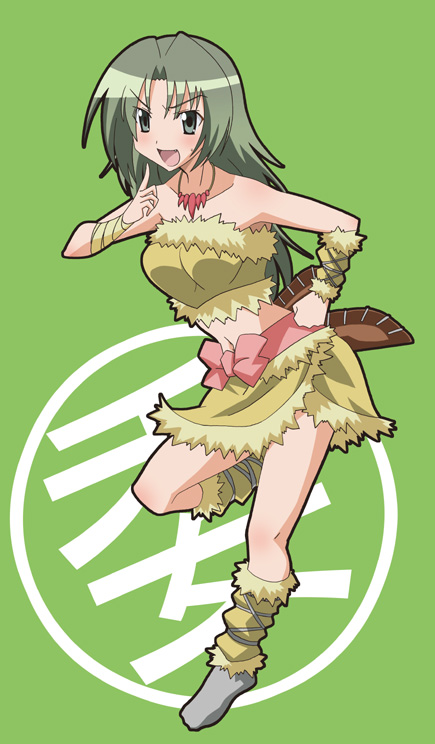 paopa ship, iinchou (seto no hanayome), seto no hanayome, fur, 00s, 1girl, bandeau, boots, bow, crop top, female focus, green eyes, green hair, hand on own hip, hip focus, leg lift, long hair, matching hair/eyes, midriff, pointing, solo, strapless, tube top