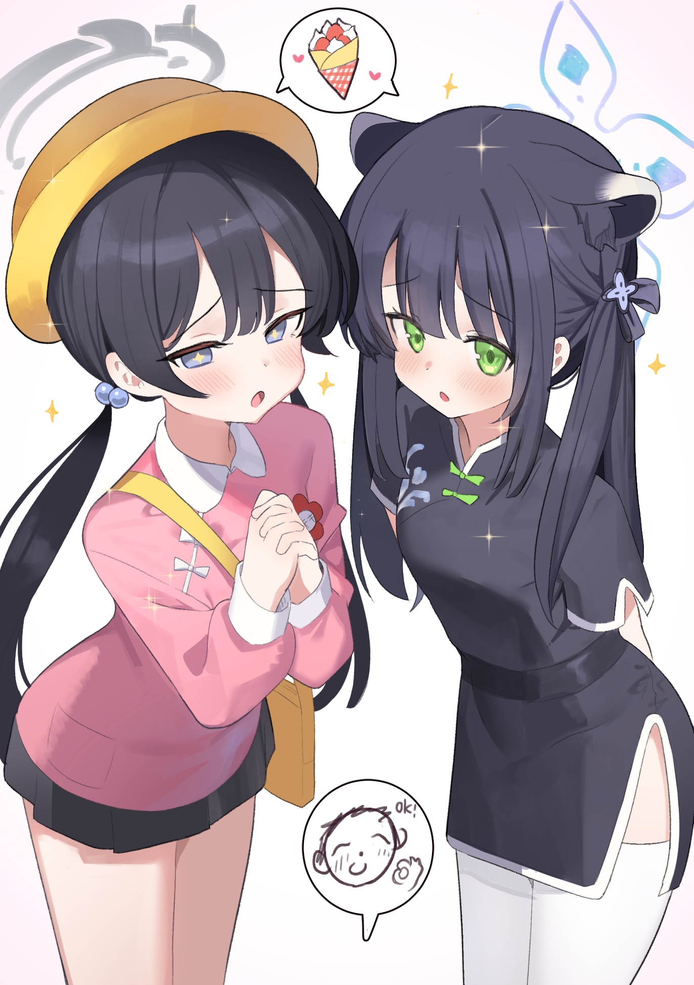 madai (mappy), doodle sensei (blue archive), kisaki (blue archive), kisaki (kindergarten uniform) (blue archive), sensei (blue archive), shun (blue archive), shun (small) (blue archive), blue archive, highres, 2girls, animal ears, black dress, black hair, chinese clothes, dress, green eyes, halo, long hair, multiple girls, thighhighs, twintails, white thighhighs