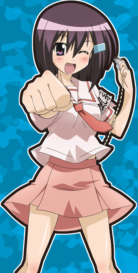 paopa ship, zenigata mawari, seto no hanayome, 00s, 1girl, brown eyes, brown hair, clenched hand, female focus, hair ornament, hairclip, looking at viewer, necktie, outstretched arm, pink skirt, pleated skirt, purple hair, red necktie, sailor collar, school uniform, serafuku, short hair, skirt, solo, standing, very short hair, whistle