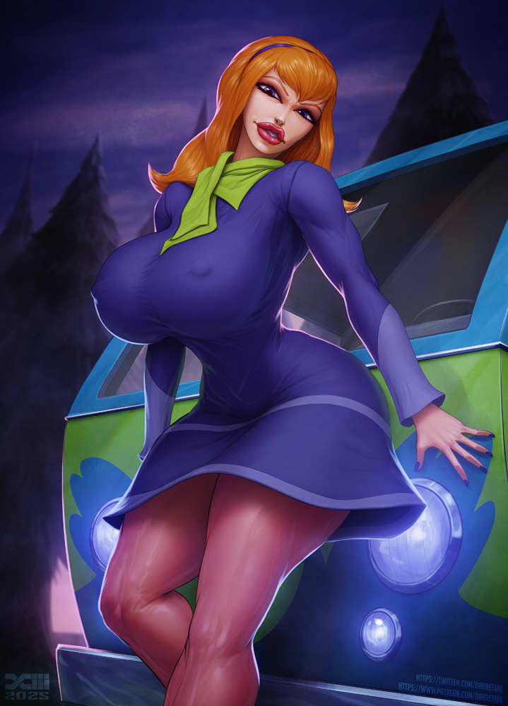 barretxiii, daphne blake, scooby-doo, 1girl, artist name, blue car, breasts, car, covered erect nipples, dress, green car, hairband, huge breasts, long hair, looking at viewer, motor vehicle, night, orange hair, outdoors, pantyhose, pine tree, pink pantyhose, purple dress, purple eyes, purple hairband, red lips, solo, tree, two-tone car, van