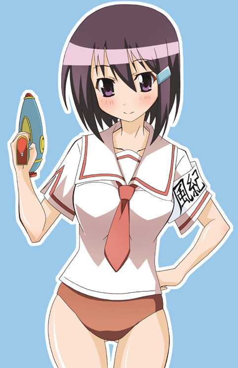 paopa ship, zenigata mawari, seto no hanayome, 00s, 1girl, armlet, blue background, brown eyes, brown hair, buruma, female focus, hand on own hip, holding, jewelry, looking at viewer, orange buruma, short hair, simple background, solo, standing, thigh gap