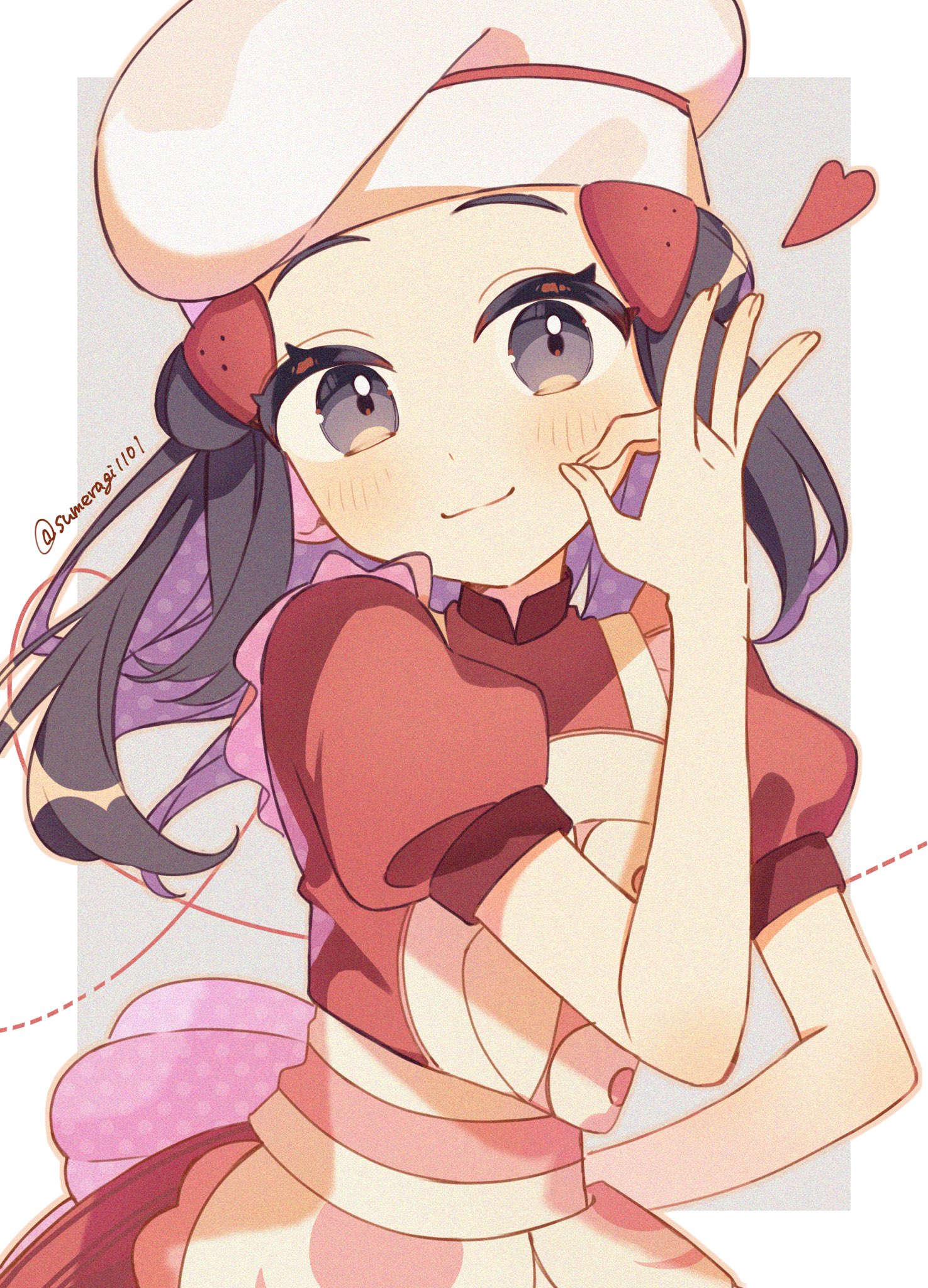 sumeragi1101, dawn (palentine's 2021) (pokemon), dawn (pokemon), nintendo, pokemon, pokemon masters ex, highres, 1girl, apron, black hair, blush, chef hat, closed mouth, dress, eyelashes, food-themed hair ornament, grey eyes, hair ornament, hairclip, hat, heart, long hair, looking at viewer, official alternate costume, red dress, short sleeves, sidelocks, smile, solo, strawberry hair ornament, upper body, white hat