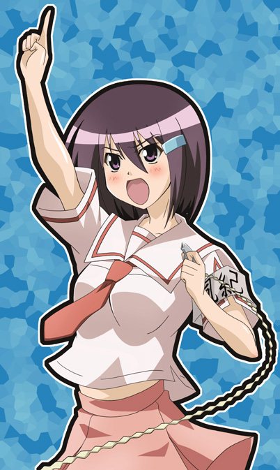paopa ship, zenigata mawari, seto no hanayome, 00s, 1girl, :d, armlet, black outline, blue background, breasts, cowboy shot, female focus, hair ornament, hairclip, index finger raised, jewelry, open mouth, outline, pleated skirt, purple eyes, purple hair, red skirt, sailor collar, school uniform, serafuku, short hair, simple background, skirt, smile, solo, text focus, white outline