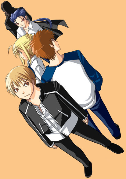 yuuji overall, artoria pendragon (fate), cu chulainn (fate), cu chulainn (fate/stay night), emiya shirou, gilgamesh (fate), gilgamesh (immoral biker jacket) (fate), kotomine kirei, saber (fate), fate/stay night, fate (series), 00s, 1girl, 4boys, ahoge, back-to-back, blonde hair, blue hair, brown hair, collared shirt, dress shirt, full body, gakuran, jacket, looking at viewer, multiple boys, official alternate costume, open clothes, open jacket, orange background, raglan sleeves, school uniform, shirt, silhouette, simple background, standing, t-shirt, white shirt