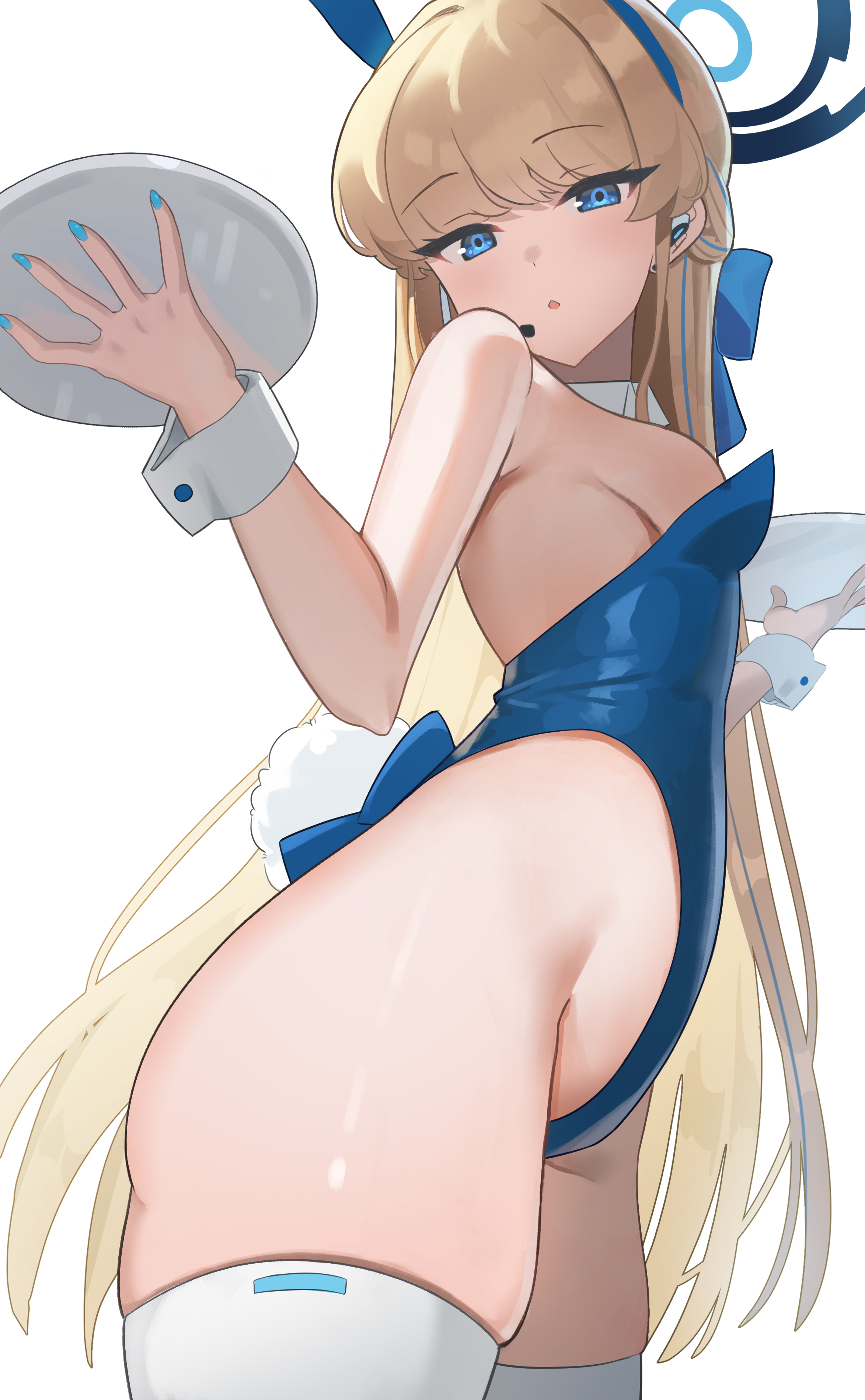 madai (mappy), toki (blue archive), toki (bunny) (blue archive), blue archive, absurdres, commentary request, highres, 1girl, animal ears, back bow, bare shoulders, blonde hair, blue bow, blue eyes, blue hair, blue halo, blue leotard, blue nails, bow, braid, breasts, cowboy shot, detached collar, eyelashes, fake animal ears, fake tail, foreshortening, from below, from side, groin, hair bow, half up braid, halo, hands up, headset, holding, holding tray, leotard, light blush, long hair, looking at viewer, looking down, medium breasts, multicolored hair, nail polish, official alternate costume, official alternate hairstyle, open mouth, playboy bunny, rabbit ears, rabbit tail, simple background, skindentation, solo, straight hair, strapless, strapless leotard, streaked hair, tail, thighhighs, thighs, tray, tsurime, very long hair, white background, white thighhighs, white wrist cuffs, wrist cuffs