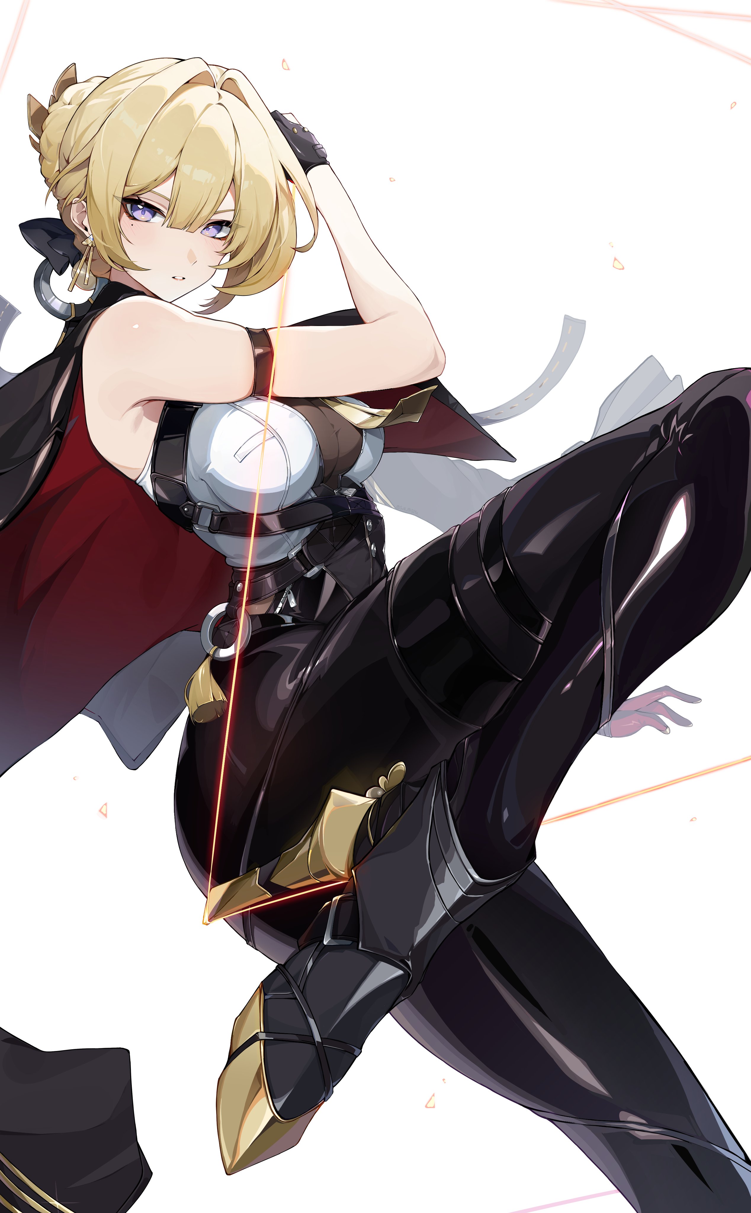 sun 0205, evelyn chevalier, zenless zone zero, absurdres, commentary, highres, 1girl, arm strap, black boots, black gloves, black jacket, black pants, blonde hair, boots, breasts, double-parted bangs, earrings, gloves, hair bun, hair intakes, high-waist pants, high heel boots, high heels, jacket, jacket on shoulders, jewelry, knee up, large breasts, latex pants, looking at viewer, mole, mole under eye, necktie, pants, parted lips, purple eyes, see-through cleavage, see-through clothes, shirt, simple background, single hair bun, sleeveless, sleeveless shirt, solo, thigh strap, tight clothes, tight pants, two-sided fabric, two-sided jacket, white background, white shirt, yellow necktie