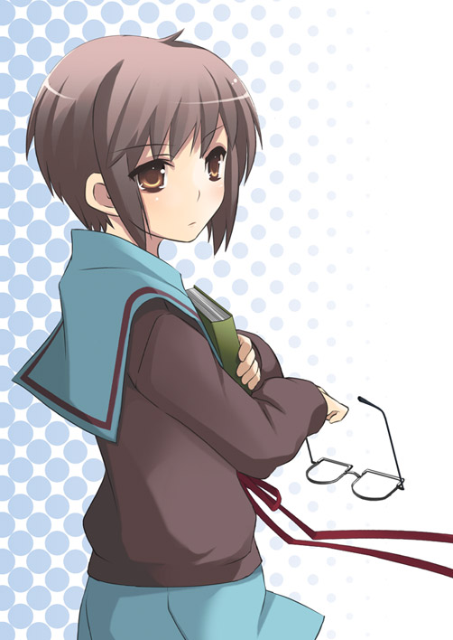 yuuji overall, nagato yuki, suzumiya haruhi no yuuutsu, 00s, 1girl, book, cardigan, female focus, glasses, holding, holding book, holding removed eyewear, hugging book, hugging object, looking back, purple eyes, purple hair, school uniform, serafuku, short hair, solo, unworn eyewear