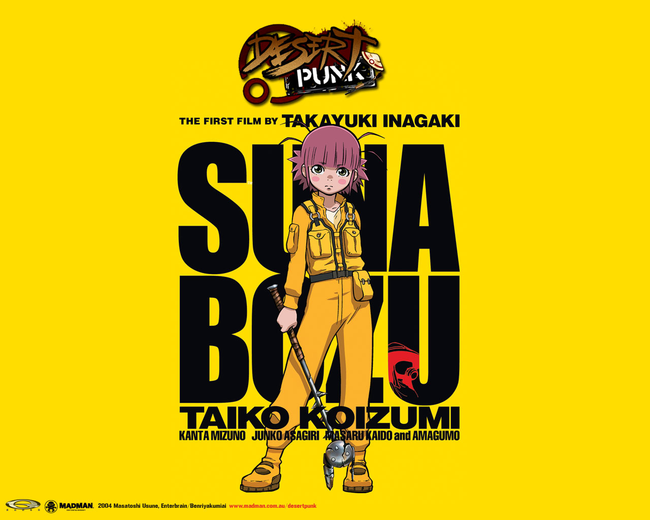 yoshimatsu takahiro, koizumi taiko, kosuna, taeko, kill bill, sunabouzu, official art, official wallpaper, 1girl, ahoge, belt, belt pouch, blush stickers, bodysuit, bruce lee's jumpsuit, child, female focus, flat chest, grey eyes, parody, pink hair, pouch, solo, standing, vest
