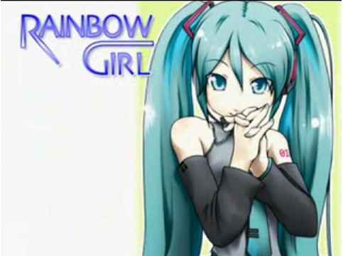 hatsune miku, vocaloid, lowres, bare shoulders, detached sleeves, green eyes, green hair, long hair, necktie, rainbow girl, solo, twintails