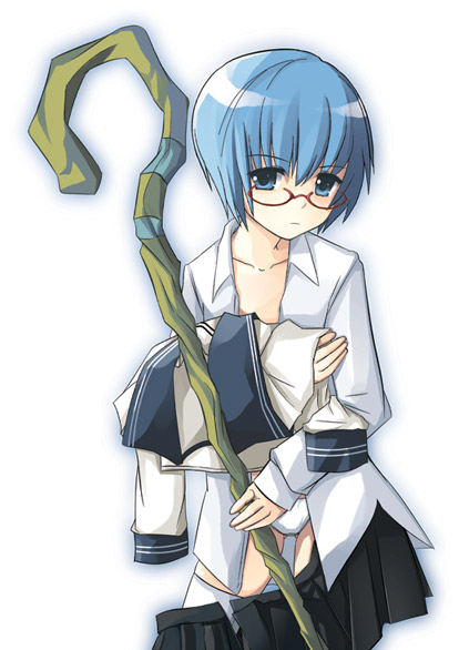 yuuji overall, tabitha (zero no tsukaima), zero no tsukaima, 00s, 1girl, blouse, blue eyes, blue hair, expressionless, female focus, glasses, matching hair/eyes, panties, pantyshot, red-framed eyewear, school uniform, serafuku, shirt, short hair, skirt, solo, staff, thighhighs, underwear, upskirt, white background, white panties, white thighhighs