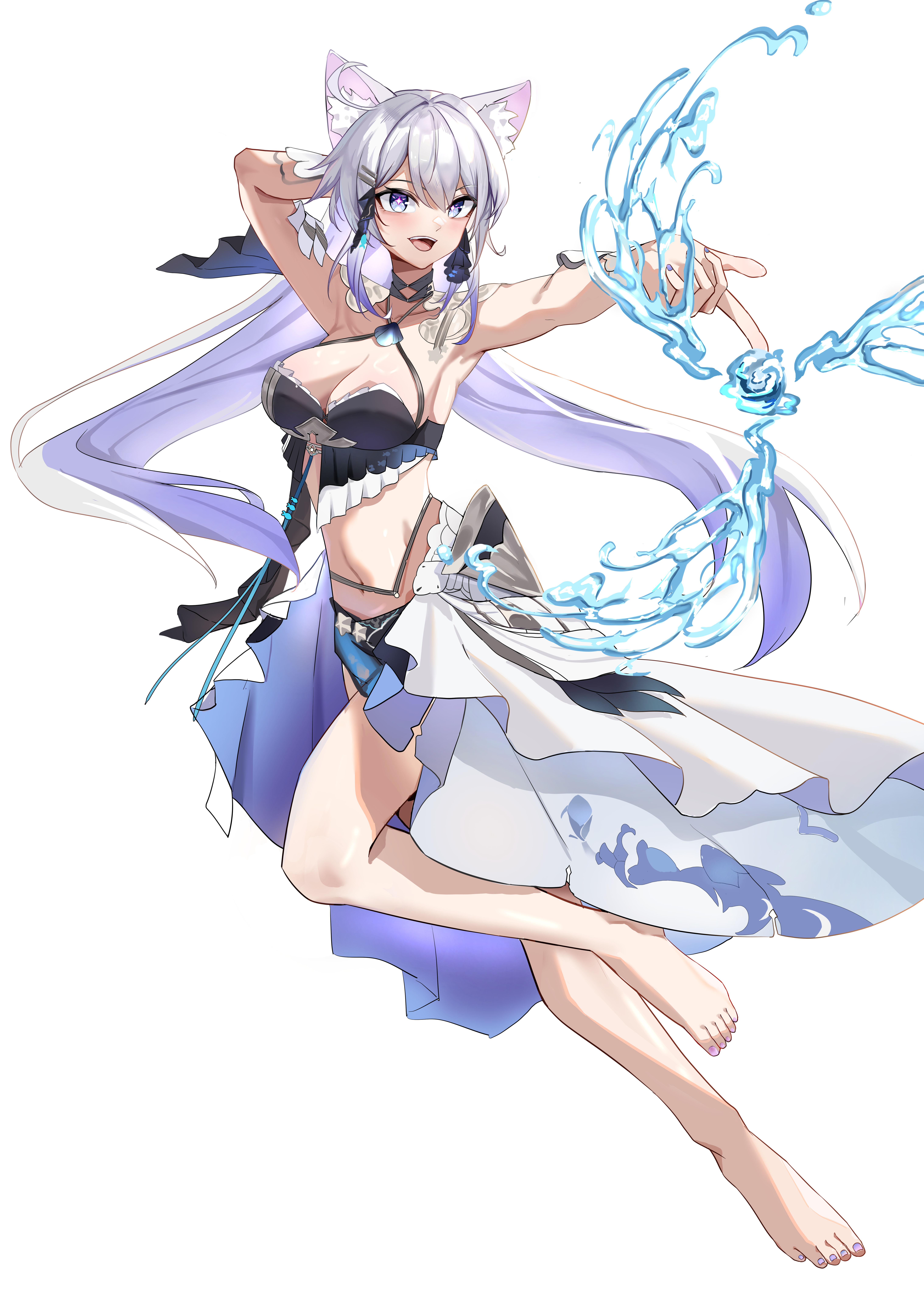 qingshi (jntw5555), kiana kaslana, kiana kaslana (herrscher of finality), kiana kaslana (selenic ripples), honkai (series), honkai impact 3rd, absurdres, commentary request, highres, 1girl, animal ear fluff, animal ears, armpits, barefoot, bikini, black bikini, blue eyes, breasts, cat ears, cleavage, feet, long hair, official alternate costume, sarong, simple background, solo, star-shaped pupils, star (symbol), swimsuit, symbol-shaped pupils, toes, very long hair, water, white background, white hair, white sarong