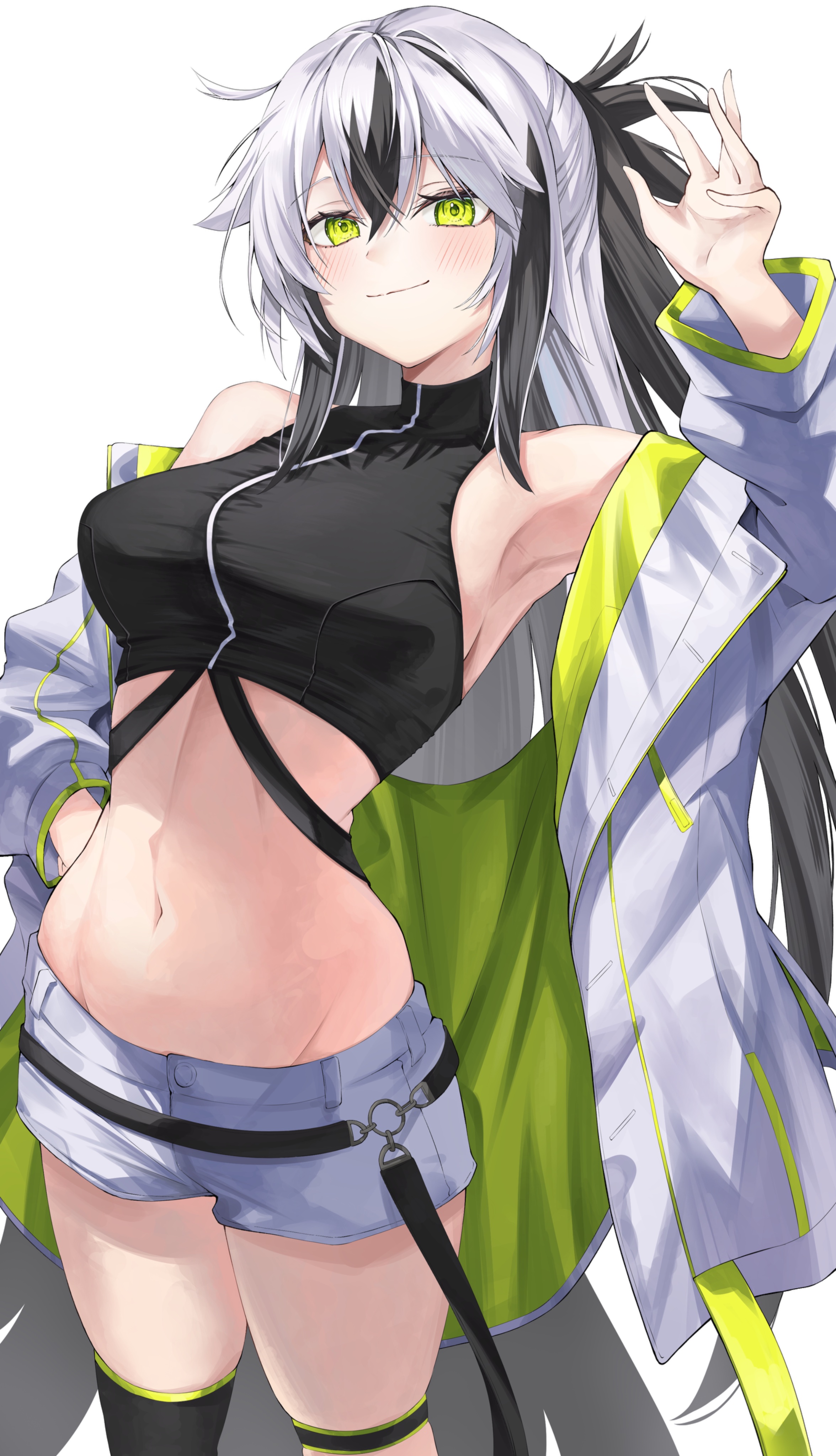 marbo (saico556), nagao kagetora (fate), uesugi kenshin (second ascension) (fate), fate/grand order, fate (series), uesugi kenshin (fate), absurdres, commission, highres, skeb commission, 1girl, bare shoulders, black hair, breasts, clothes over shoulder, crop top, cropped shirt, green eyes, green jacket, hair between eyes, jacket, long hair, looking at viewer, medium breasts, midriff, multicolored hair, multicolored jacket, navel, open clothes, shirt, shorts, sleeveless, smile, solo, two-tone hair, two-tone jacket, white hair, white jacket, white shorts
