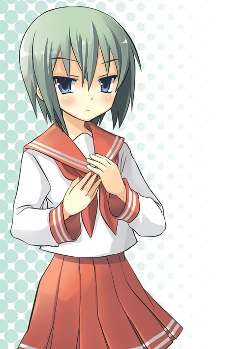 yuuji overall, iwasaki minami, lucky star, 00s, 1girl, blue eyes, expressionless, female focus, green hair, long sleeves, looking at viewer, neckerchief, pink neckerchief, pleated skirt, red skirt, sailor collar, school uniform, serafuku, shirt, simple background, skirt, solo, white background, white shirt
