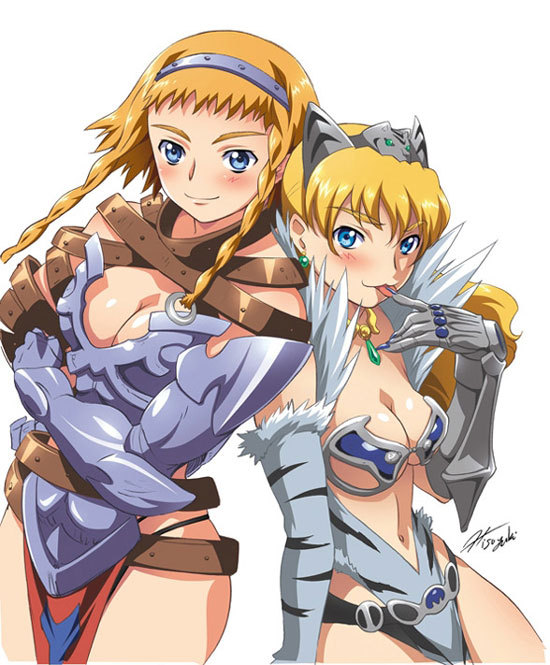 hisayuki hirokazu, captain of the royal guard elina, elina (queen's blade), exiled warrior leina, leina (queen's blade), queen's blade, fur, official art, 00s, 2girls, :p, armor, ass, back-to-back, bikini armor, blonde hair, blue eyes, blush, breasts, buckle, cleavage, earrings, elbow gloves, gauntlets, gloves, hairband, jewelry, large breasts, loincloth, multiple girls, revealing clothes, siblings, sisters, smile, strap, thong, tongue, tongue out, wide hips