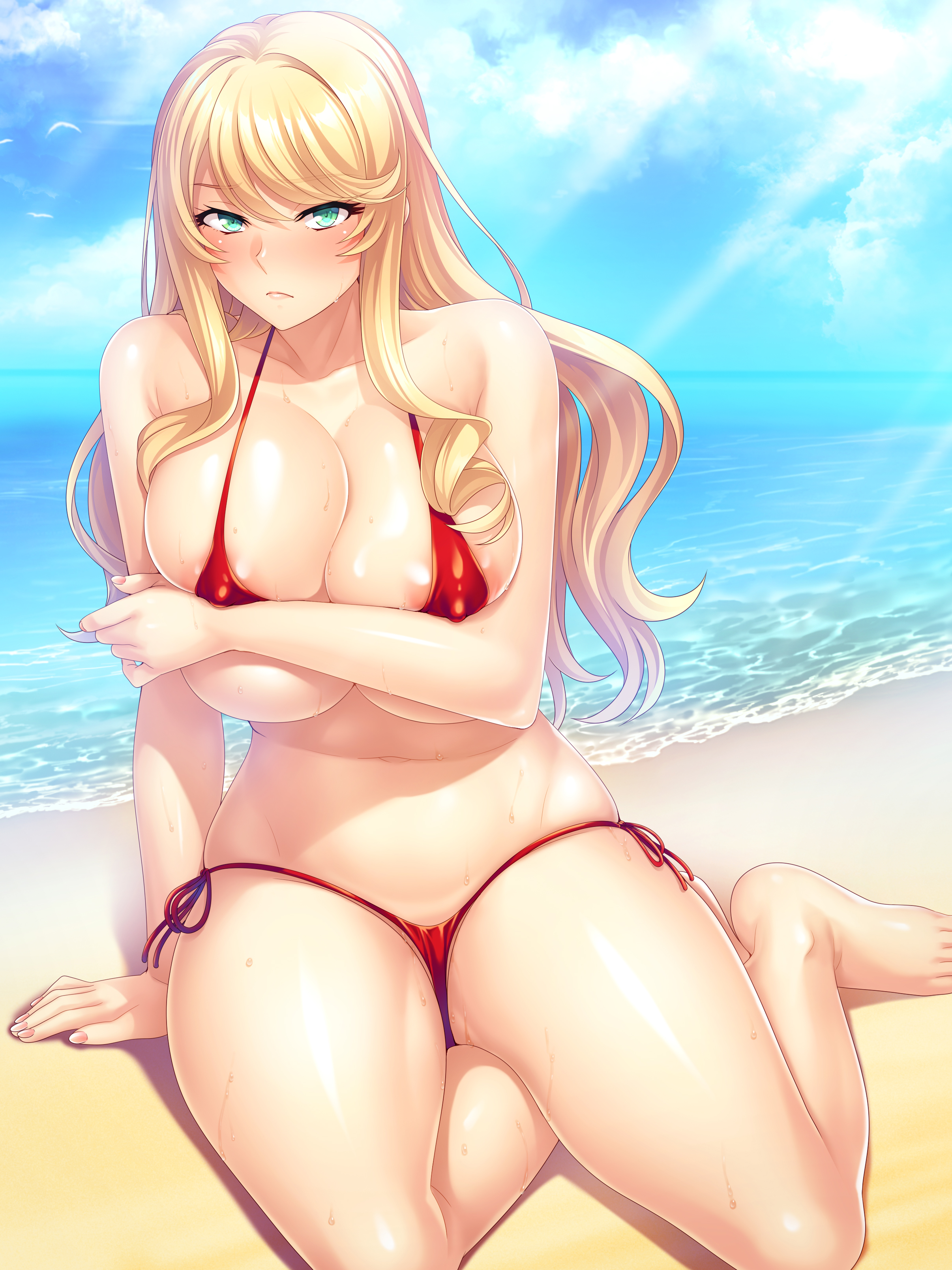 alice net pc, original, absurdres, highres, 1girl, aqua eyes, areola slip, arm support, bare arms, bare legs, barefoot, beach, bikini, blonde hair, blue sky, blush, breasts, cleavage, closed mouth, cloud, collarbone, covered erect nipples, covering breasts, covering privates, curvy, day, large breasts, long hair, looking at viewer, navel, ocean, outdoors, red bikini, sidelocks, sitting, sky, solo, swimsuit, thighs, toes, wet