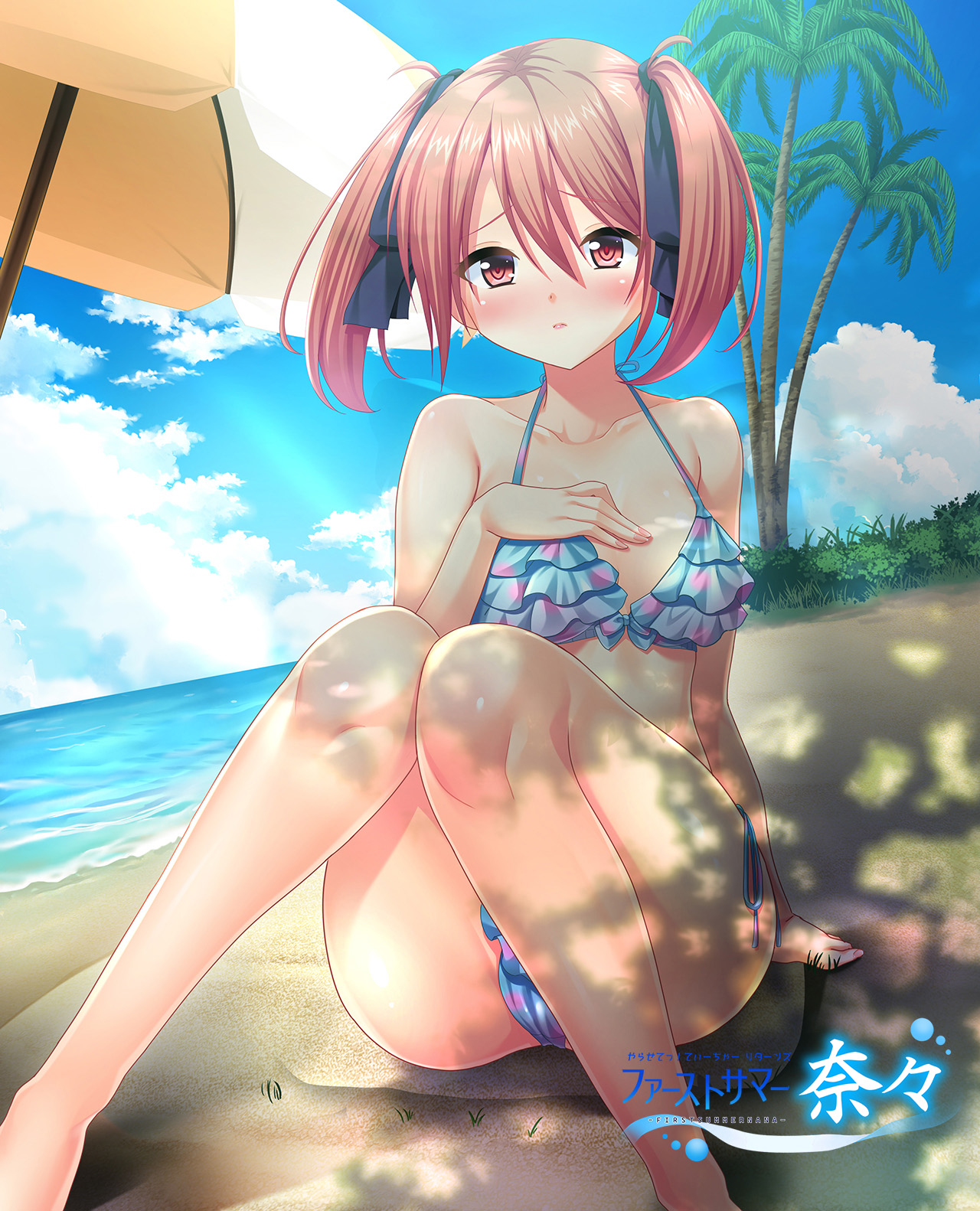 alice net pc, original, highres, 1girl, arm support, bare arms, beach, beach umbrella, bikini, blue bikini, blue sky, blush, breasts, brown eyes, brown hair, cloud, collarbone, day, frilled bikini, frills, hair between eyes, hair ribbon, horizon, looking at viewer, ocean, palm tree, ribbon, short hair, sitting, sky, small breasts, solo, swimsuit, thighs, tree, twintails, umbrella