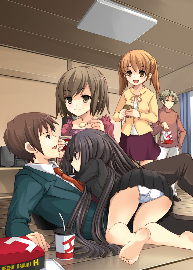 yuuji overall, fujiwara (suzumiya haruhi), kyon, sasaki, sasaki (suzumiya haruhi), suou kuyou, tachibana kyouko (suzumiya haruhi), suzumiya haruhi no yuuutsu, 00s, 2boys, 3girls, bad anatomy, bad feet, barefoot, feet, fujiwara (shny), harem, kouyouen academy school uniform, long hair, multiple boys, multiple girls, panties, poorly drawn, school uniform, underwear, very long hair