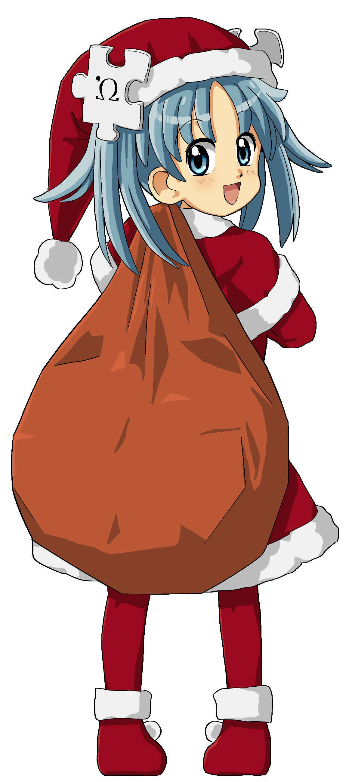 kasuga (kasuga39), wikipe-tan, wikipedia, absurdres, highres, long image, tall image, 1girl, blue eyes, blue hair, christmas, female focus, full body, happy, looking at viewer, looking back, matching hair/eyes, open mouth, pantyhose, red pantyhose, sack, santa costume, short twintails, smile, solo, standing, transparent background, twintails