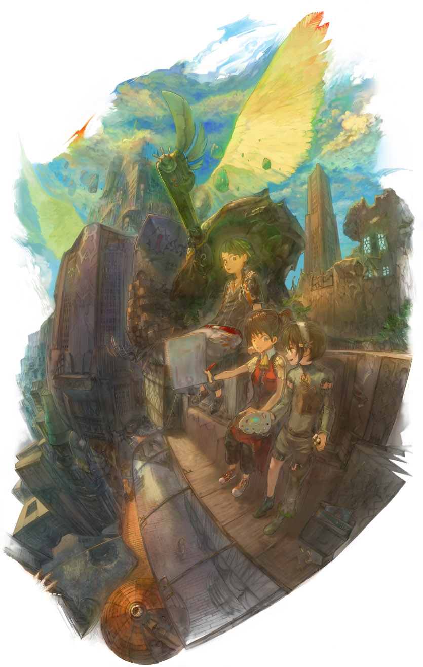 taiki (luster), highres, 1girl, 2boys, architecture, brown hair, day, fantasy, full body, glasses, long sleeves, multiple boys, outdoors, paint palette, painting (action), plant, red-framed eyewear, ruins, scenery, sitting, tree