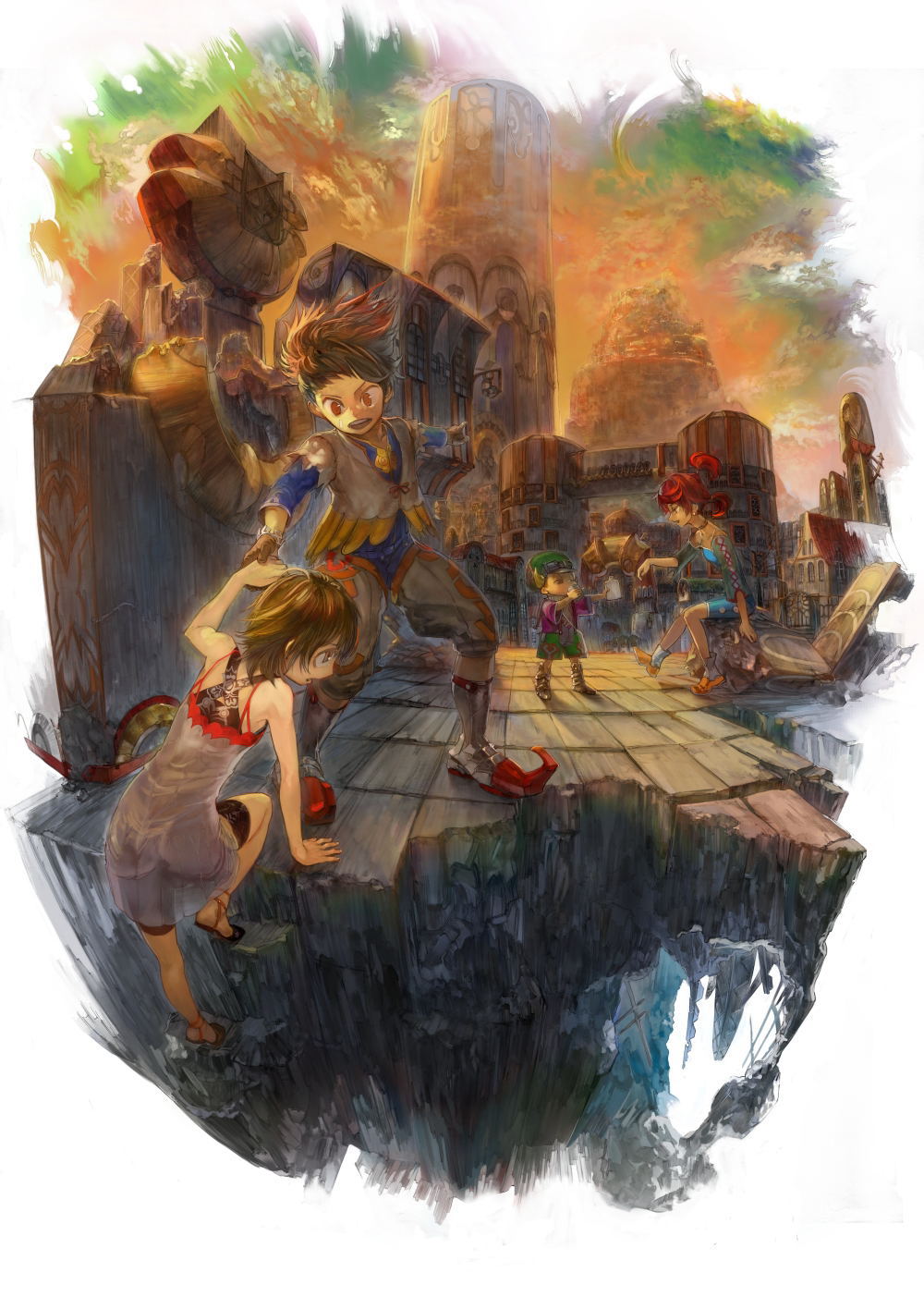 taiki (luster), highres, 2boys, 2girls, climbing, fantasy, multiple boys, multiple girls, ruins