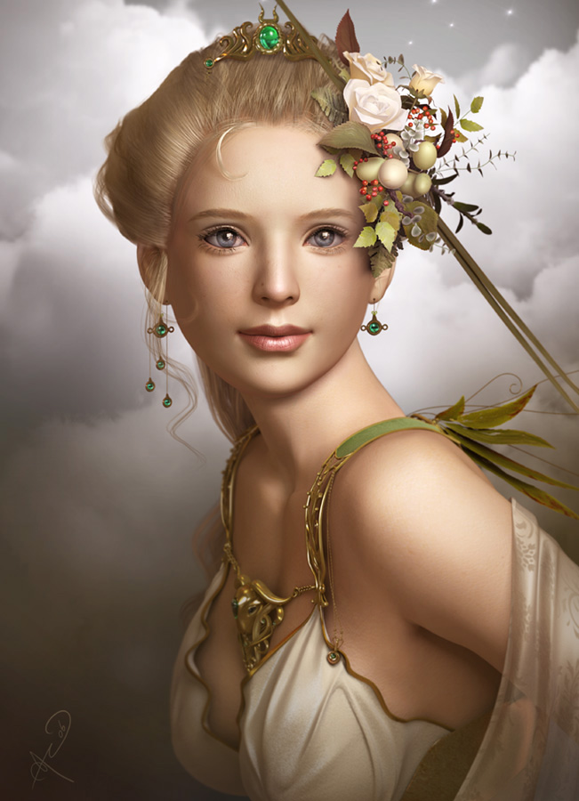 soa lee, tagme, blonde hair, blue eyes, earrings, hair ornament, jewelry, lipstick, makeup