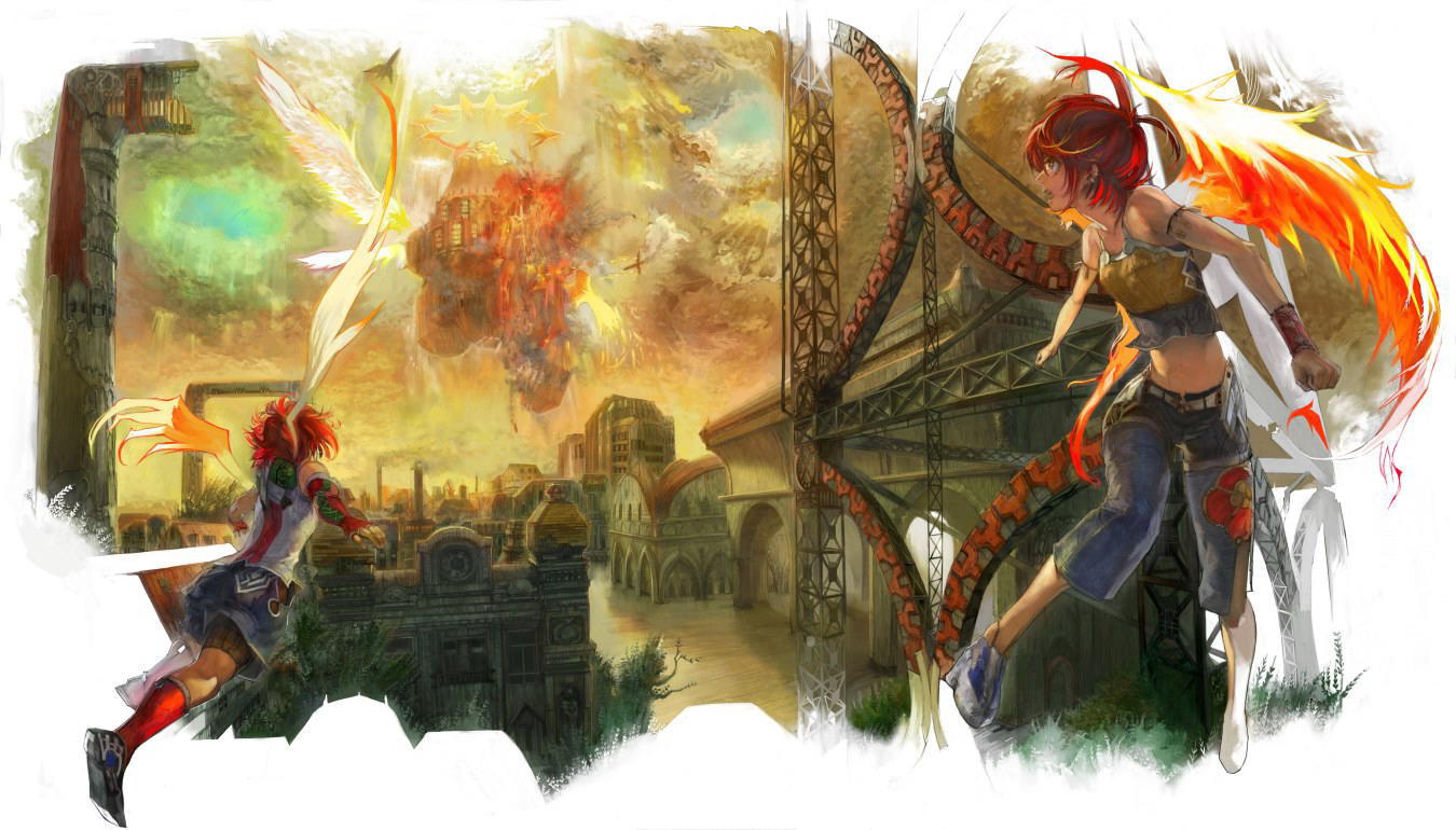 taiki (luster), 1boy, 1girl, building, city, explosion, fantasy, fire, flying, from behind, full body, looking back, midriff, outdoors, red hair, short hair, standing, town, wings