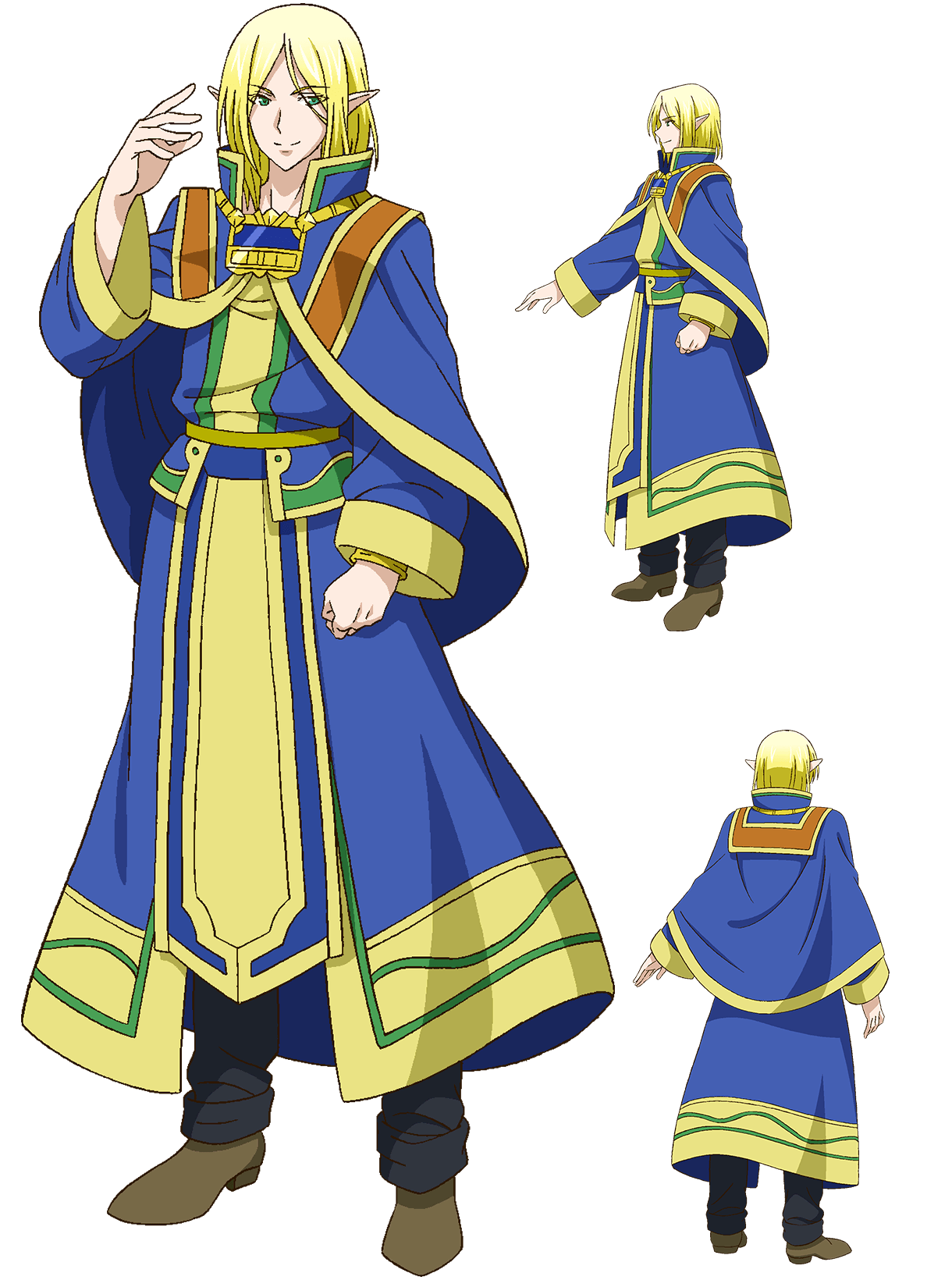 masudate toshihide, leadale no daichi nite, from back, highres, official art, 3boys, anime coloring, belt, black pants, blonde hair, blue capelet, blue robe, boots, brown shoes, capelet, clenched hand, closed mouth, elf, from side, full body, green eyes, hand up, long sleeves, looking at viewer, multiple boys, multiple views, outstretched arm, pants, parted bangs, pointy ears, profile, robe, shoes, sidelocks, simple background, skargo (leadale no daichi nite), smile, standing, transparent background, tsurime, yellow belt