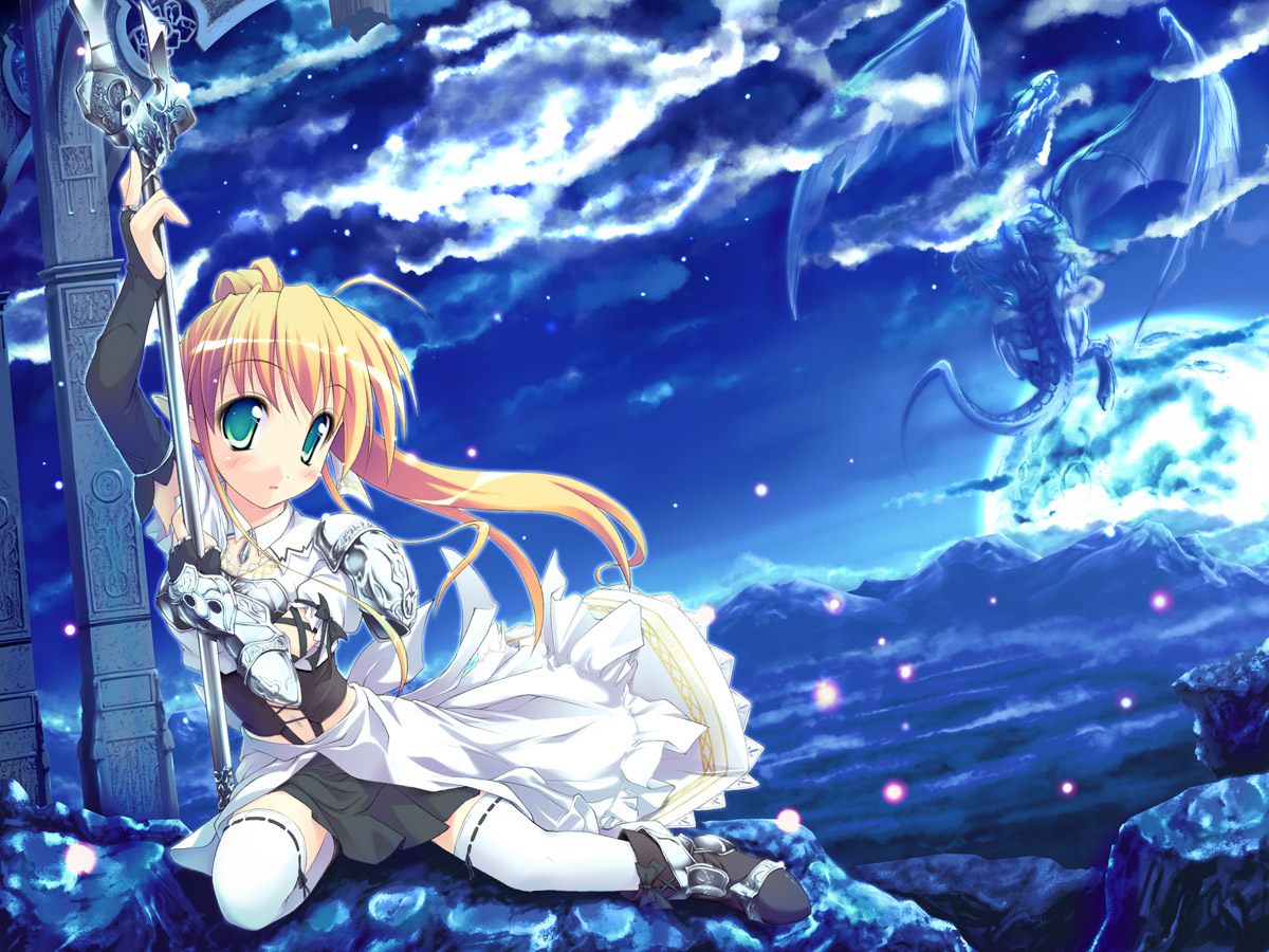 armor, cliff, dragon, maid, moon, night, sky, staff