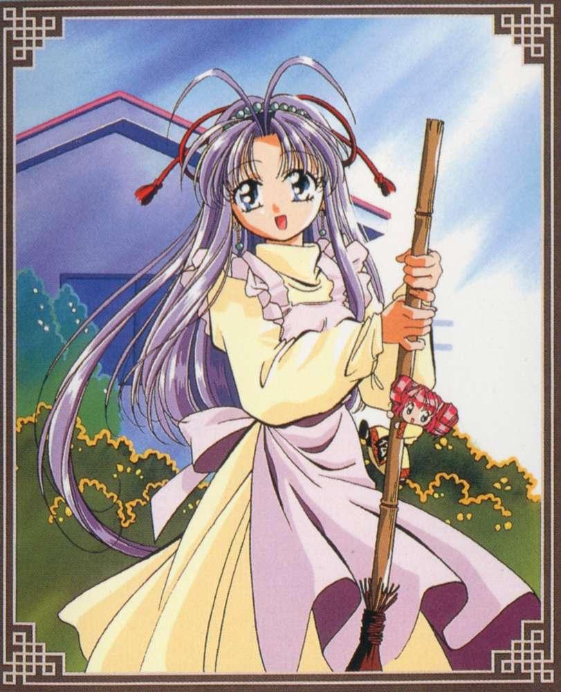 rishu, shugogetten shaolin, mamotte shugogetten!, tagme, antenna hair, apron, blue eyes, broom, dress, long hair, purple hair, smile