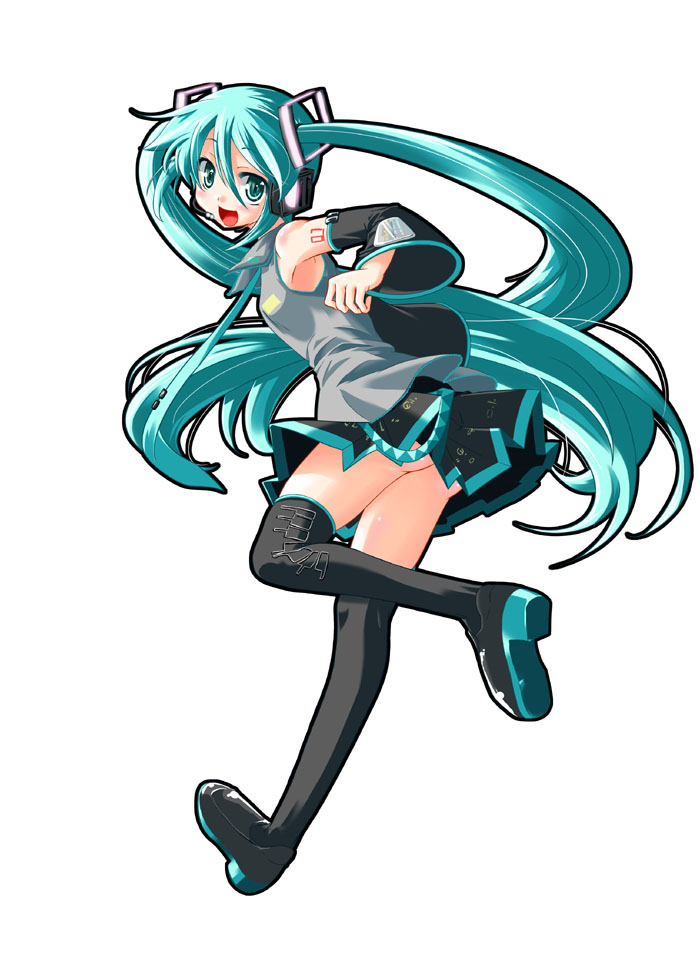 mikage baku, hatsune miku, vocaloid, 1girl, aqua hair, female focus, full body, long hair, looking back, no panties, skirt, smile, solo, thighhighs, twintails, very long hair
