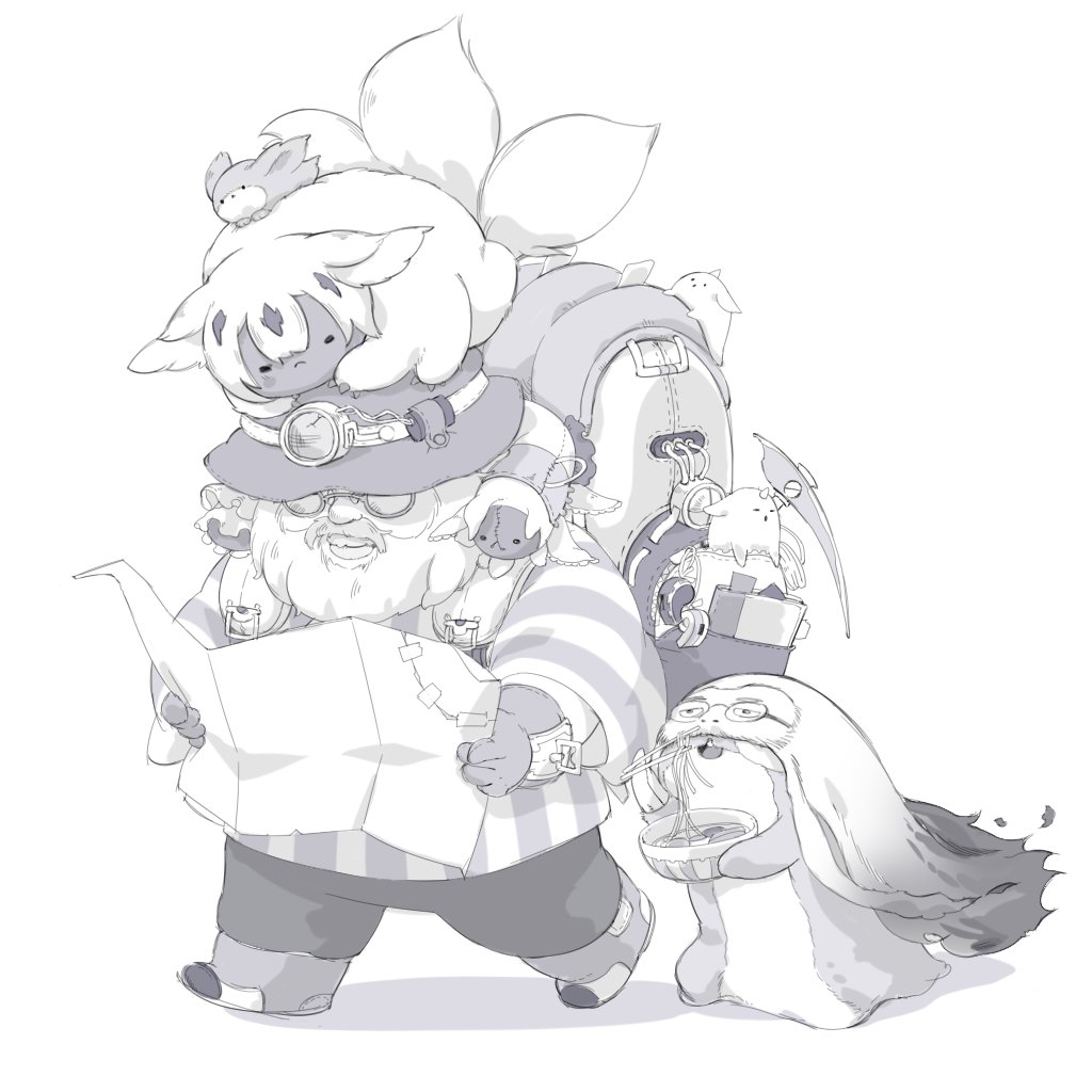 faputa, maaa, tsukushi akihito (person), made in abyss, real life, 1boy, 1girl, annie (vbnmat), backpack, bag, beard, boots, bowl, chopsticks, extra arms, facial hair, food, glasses, gloves, greyscale, grin, hat, holding, holding map, map, monochrome, monster girl, multiple tails, mustache, noodles, on head, pants, person on head, pickaxe, smile, tail, walking, whistle