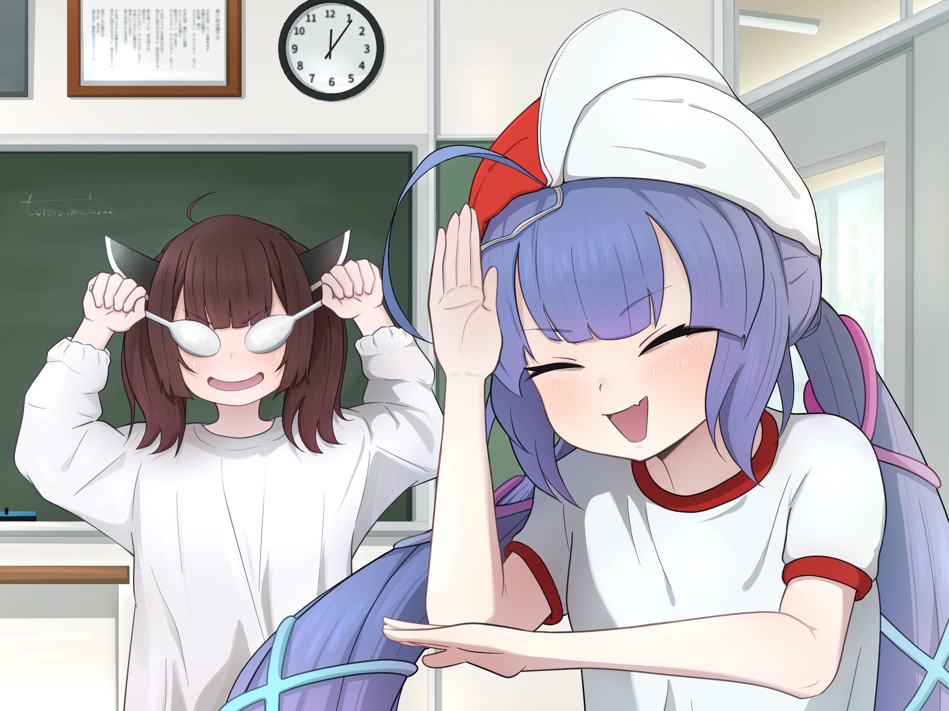 tororo mochimochi, otomachi una, touhoku kiritan, ultra series, ultraseven (series), vocaloid, voiceroid, highres, 2girls, :d, ahoge, analog clock, brown hair, chalkboard, classroom, clock, fang, gym shirt, indoors, light blush, long sleeves, multiple girls, open mouth, purple hair, shirt, short sleeves, skin fang, smile, spoon, twintails, upper body