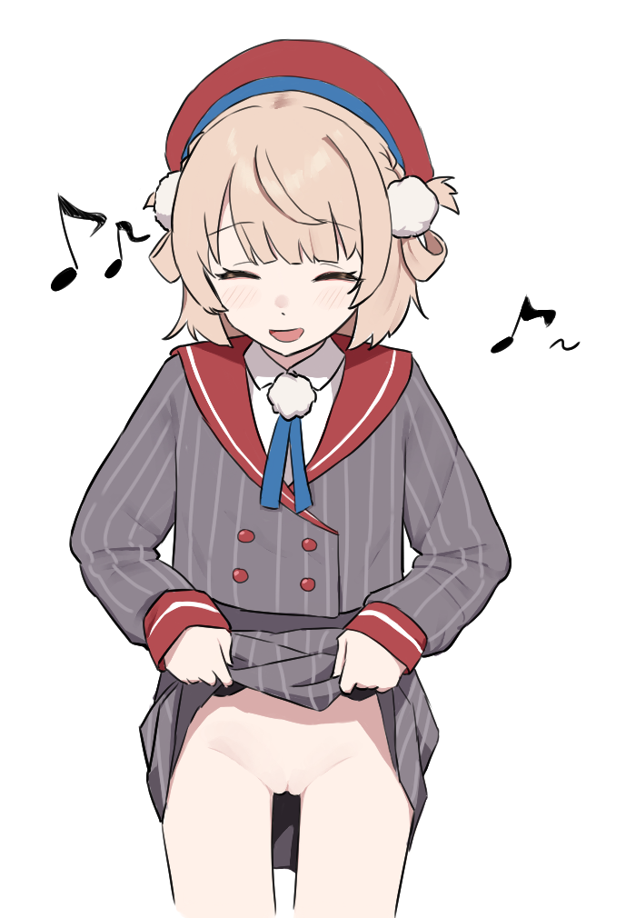 yep (70837259), shigure ui (vtuber), indie virtual youtuber, beret, blonde hair, buttons, closed eyes, clothes lift, cowboy shot, double-breasted, grey skirt, hair ornament, hat, lifting own clothes, long sleeves, open mouth, pom pom (clothes), pom pom hair ornament, pussy, red hat, shirt, short hair, simple background, skirt, skirt lift, smile, uncensored, white background, white shirt