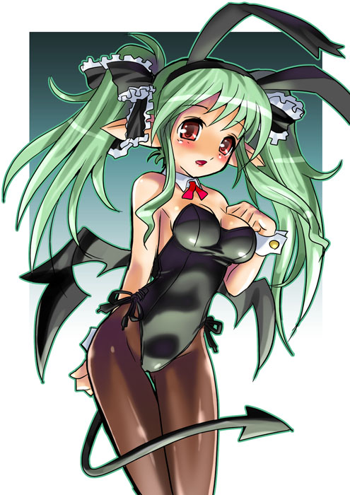 katahira masashi, 1girl, animal ears, breasts, cleavage, cowboy shot, demon tail, demon wings, detached collar, fake animal ears, female focus, green hair, hair ribbon, leotard, long hair, medium breasts, open mouth, outline, pantyhose, playboy bunny, pointy ears, rabbit ears, red eyes, ribbon, sidelocks, solo, tail, twintails, wings, wrist cuffs