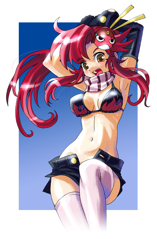 katahira masashi, giroro, yoko littner, keroro gunsou, tengen toppa gurren lagann, 00s, bikini, bikini top only, elbow gloves, gloves, long hair, midriff, ponytail, red hair, scarf, solo, swimsuit, thighhighs, yellow eyes
