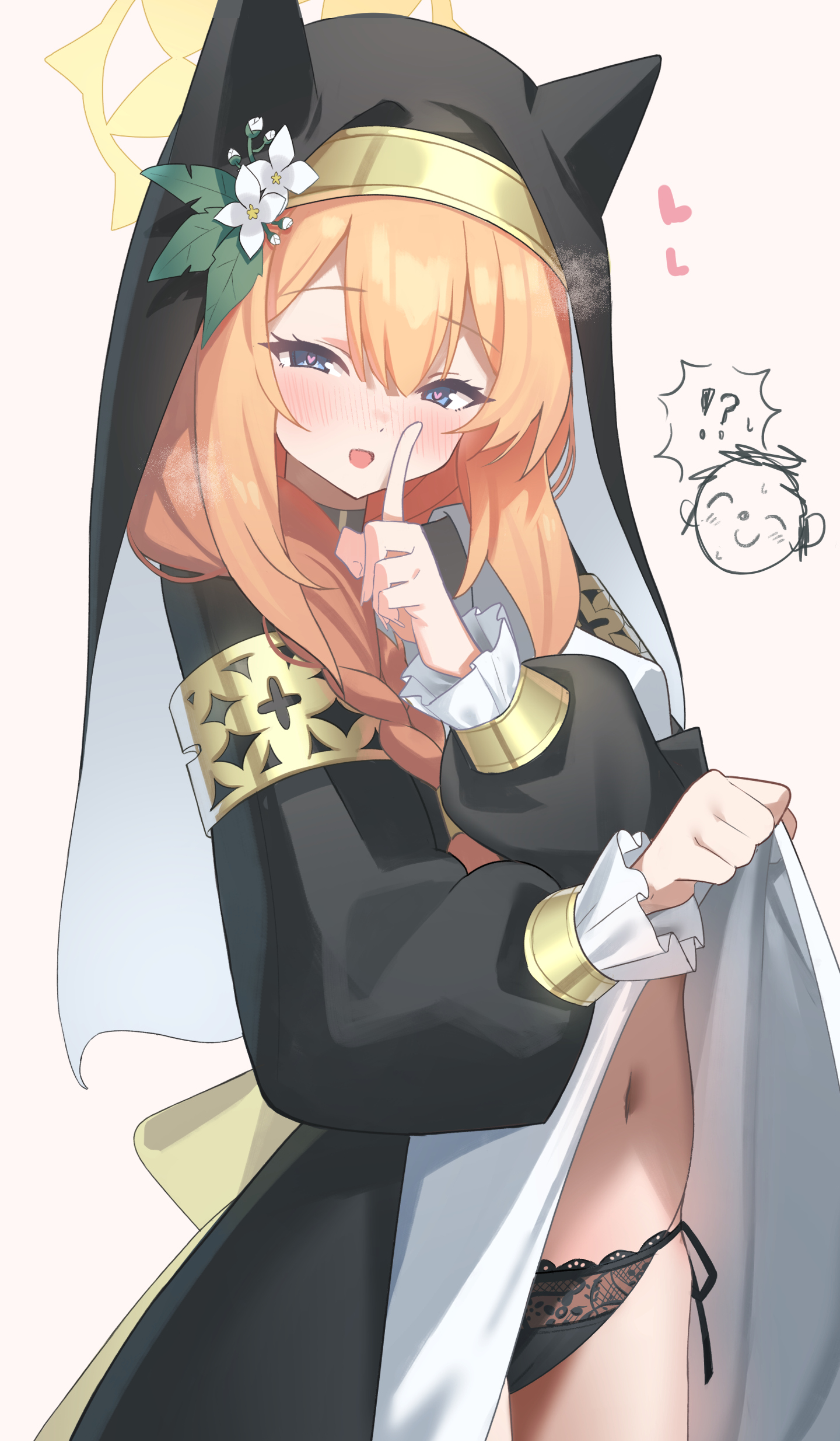 madai (mappy), doodle sensei (blue archive), mari (blue archive), sensei (blue archive), blue archive, absurdres, highres, !?, 1girl, animal ear headwear, animal ears, black dress, black panties, black veil, braid, clothes lift, coif, dress, fake animal ears, finger to mouth, flashing, flower, hair flower, hair ornament, halo, heart, index finger raised, lifting own clothes, long hair, looking at viewer, navel, nun, orange hair, panties, shushing, side-tie panties, side braid, single braid, skirt, skirt lift, smile, underwear, veil, yellow halo