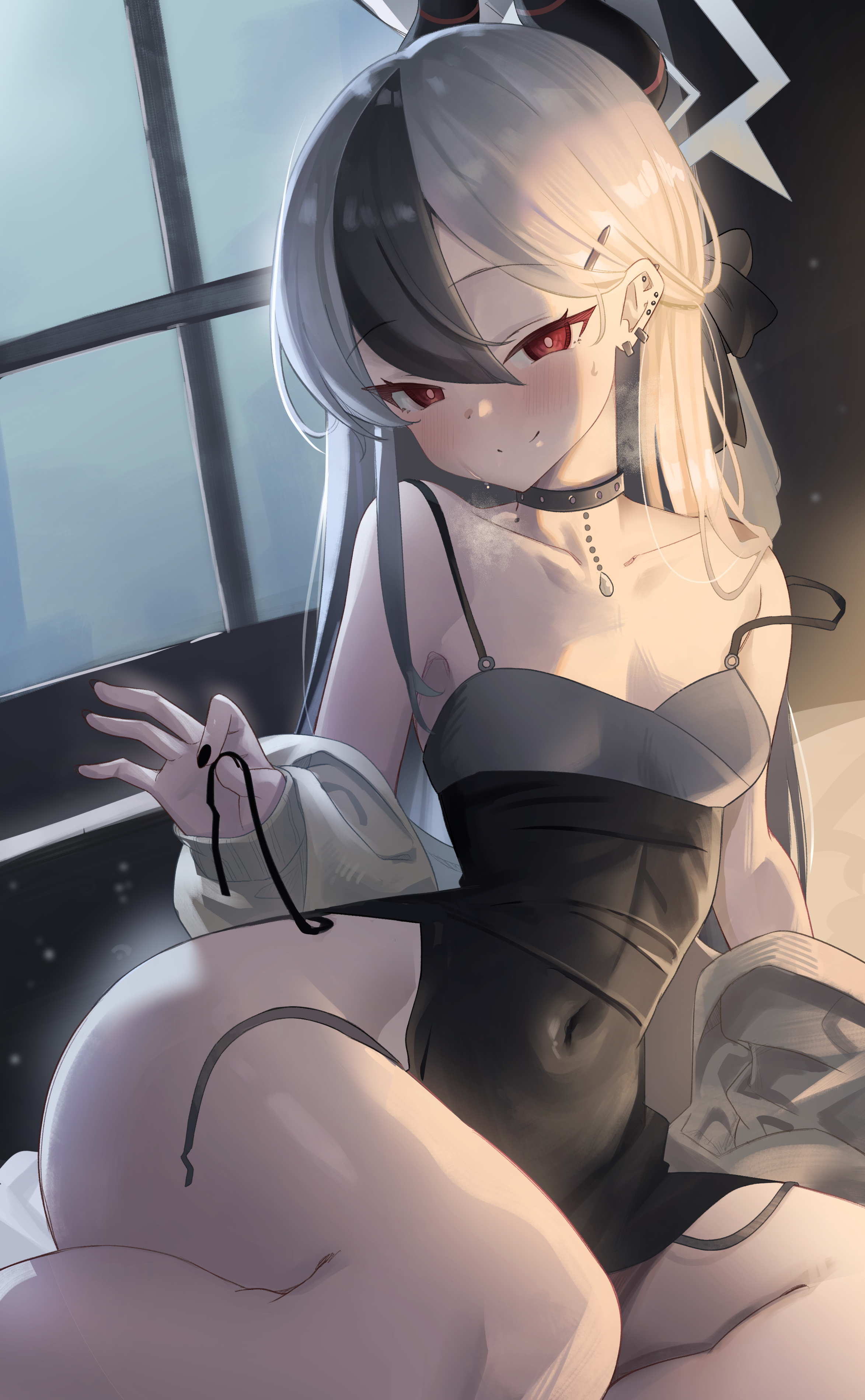 madai (mappy), kayoko (blue archive), kayoko (dress) (blue archive), blue archive, absurdres, commentary request, highres, revision, 1girl, black choker, black dress, black eyeliner, black horns, choker, collarbone, demon horns, dress, ear piercing, eyeliner, grey halo, grey jacket, halo, horns, jacket, makeup, mole, mole on collarbone, mole on neck, official alternate costume, piercing, solo, thick thighs, thighs, undressing, wide hips