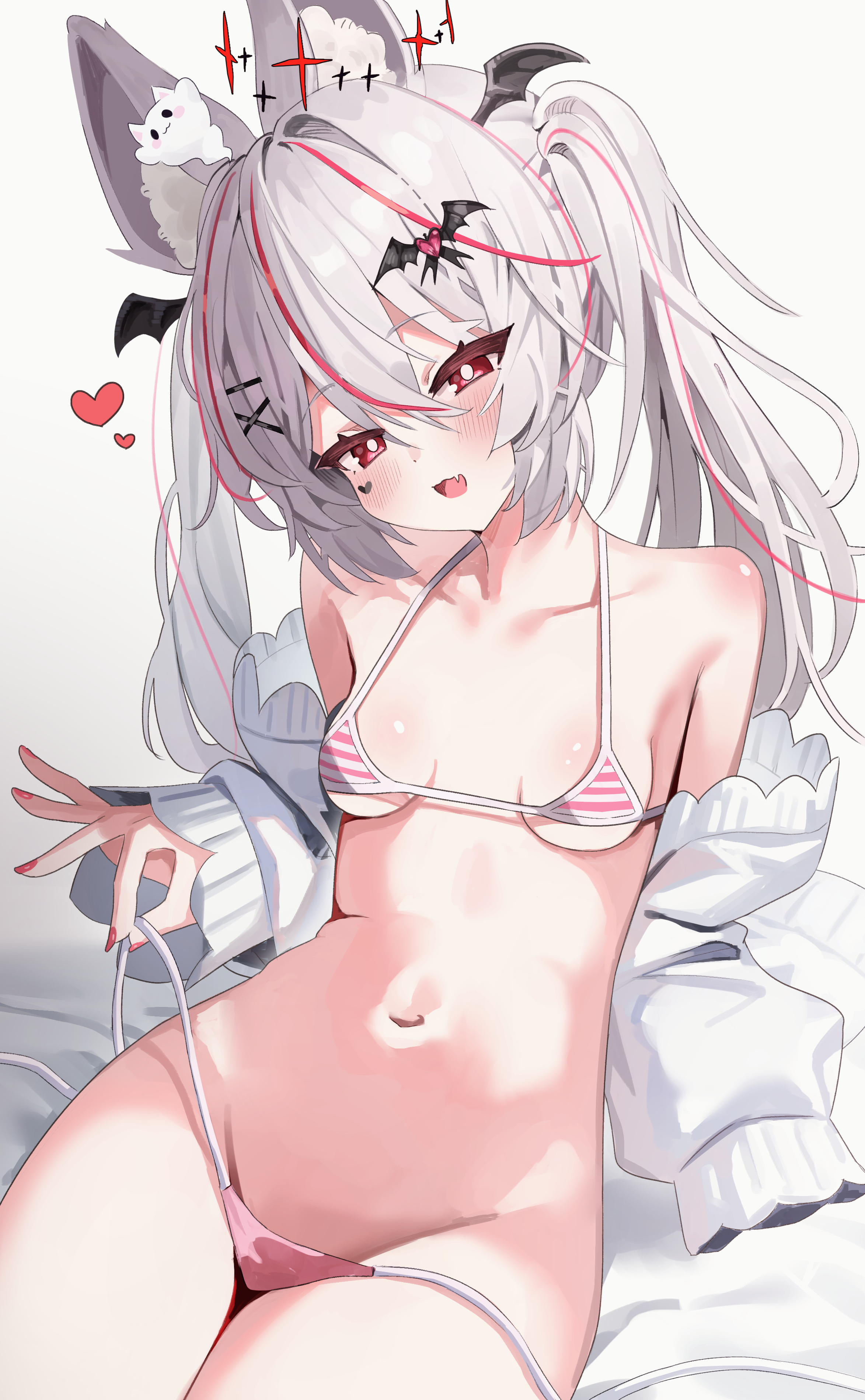 masirokuro4696, karin (vrchat), vrchat, absurdres, commentary request, highres, 1girl, :d, animal ear fluff, animal ears, bare shoulders, bat hair ornament, bat wings, bikini, blush, breasts, bright pupils, collarbone, cross hair ornament, double-parted bangs, fang, fox ears, fox girl, grey hair, groin, hair between eyes, hair ornament, hairclip, halo, head tilt, head wings, heart, jacket, long hair, long sleeves, looking at viewer, mashirokuro, micro bikini, multicolored hair, nail polish, navel, off shoulder, open clothes, open jacket, open mouth, panties, petite, pink bikini, pink hair, pink nails, red eyes, red hair, red nails, side-tie bikini bottom, simple background, sitting, skin fang, sleeves past wrists, small breasts, smile, solo, stomach, streaked hair, string bikini, striped bikini, striped clothes, striped panties, swimsuit, tattoo, thighs, twintails, two-tone hair, underwear, untied bikini, white background, white hair, white jacket, white pupils, wing hair ornament, wings, x hair ornament