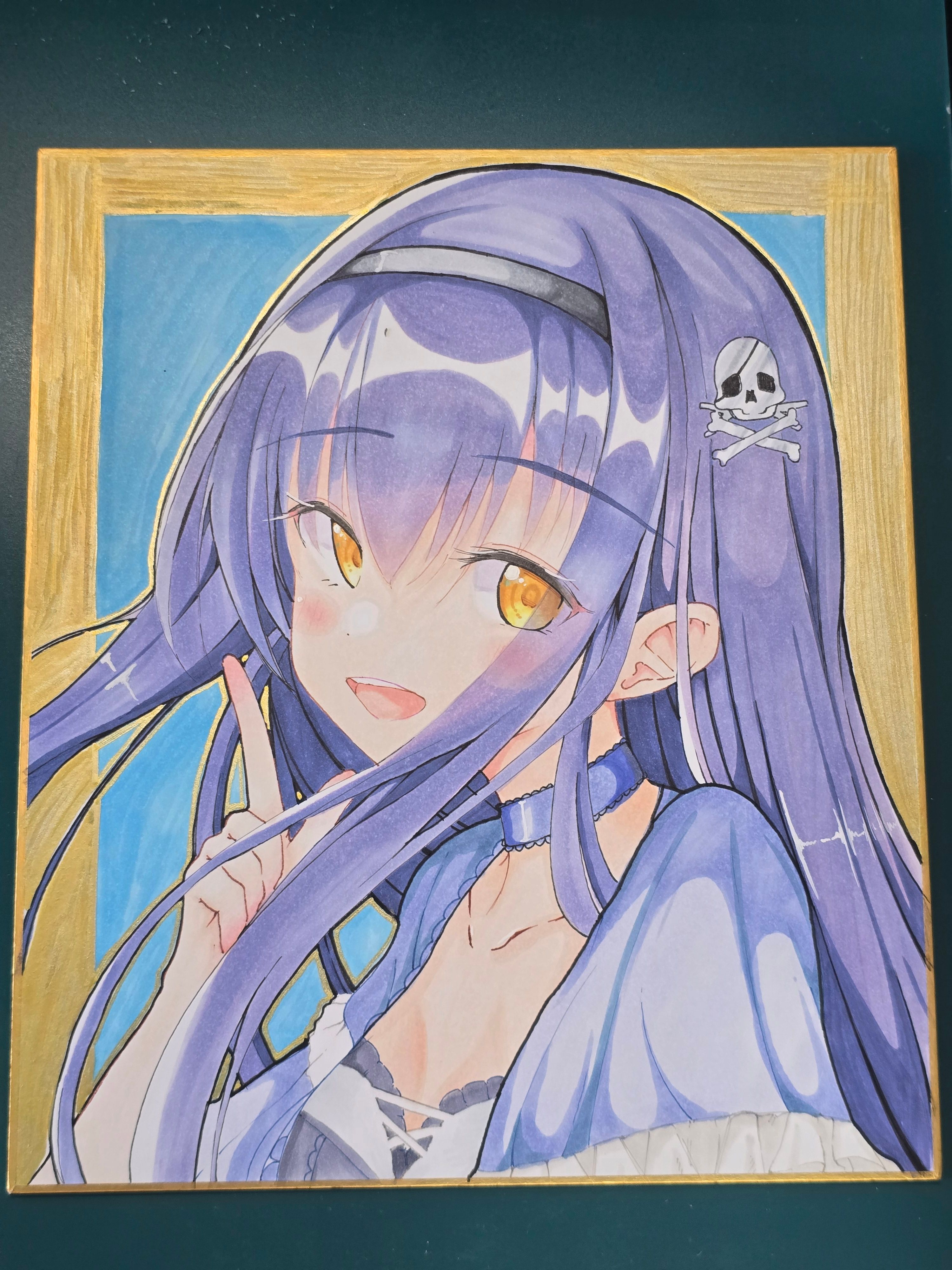 uoouchan, kushima kamome, summer pockets, absurdres, highres, photo (medium), traditional media, 1girl, :d, black hair, black hairband, blue background, blue capelet, blue choker, blush, capelet, choker, collarbone, eyelashes, eyes visible through hair, floating hair, frilled capelet, frills, hair between eyes, hairband, hand up, happy, index finger raised, long hair, looking at viewer, open mouth, outline, simple background, skull and crossbones, smile, solo, straight hair, teeth, upper body, upper teeth only, yellow eyes, yellow outline, yellow pupils