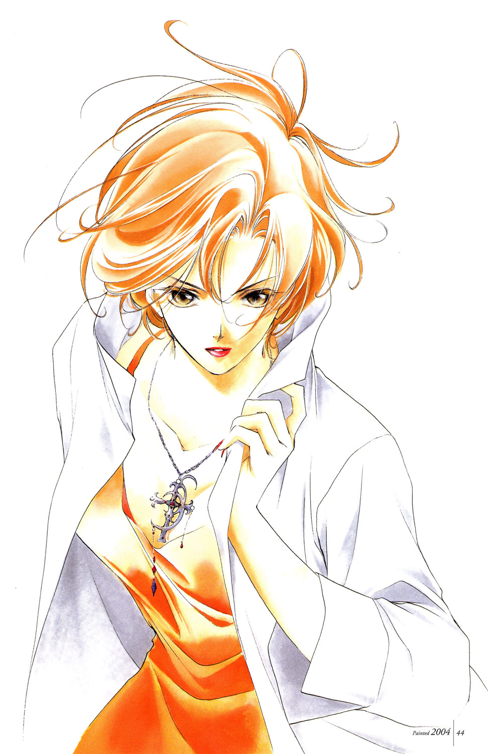 kakinouchi narumi, yakushiji ryouko, yakushiji ryouko no kaiki jikenbo, highres, brown eyes, coat, dress, jewelry, necklace, orange hair, short hair, solo