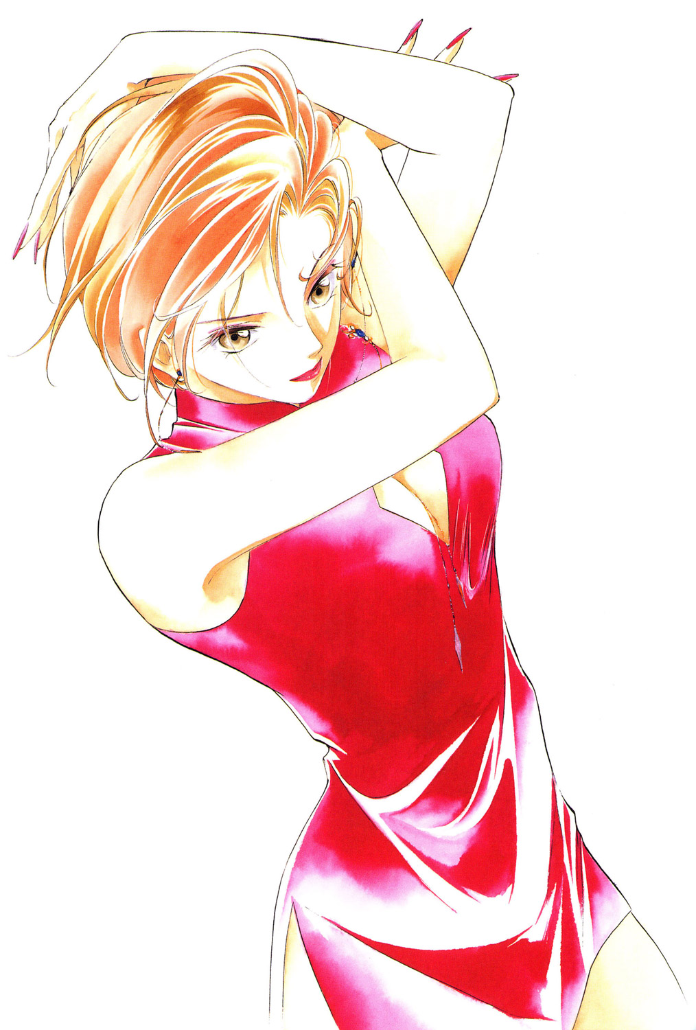 kakinouchi narumi, yakushiji ryouko, yakushiji ryouko no kaiki jikenbo, highres, 1girl, breasts, brown eyes, cleavage, dress, female focus, medium breasts, orange hair, short hair, solo