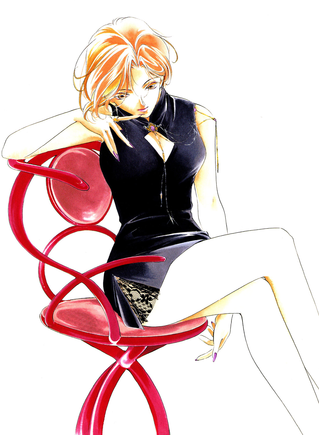 kakinouchi narumi, yakushiji ryouko, yakushiji ryouko no kaiki jikenbo, highres, 1girl, breasts, brown eyes, chair, cleavage, cleavage cutout, clothing cutout, dress, female focus, legs, nail polish, on chair, orange hair, purple nails, short hair, solo